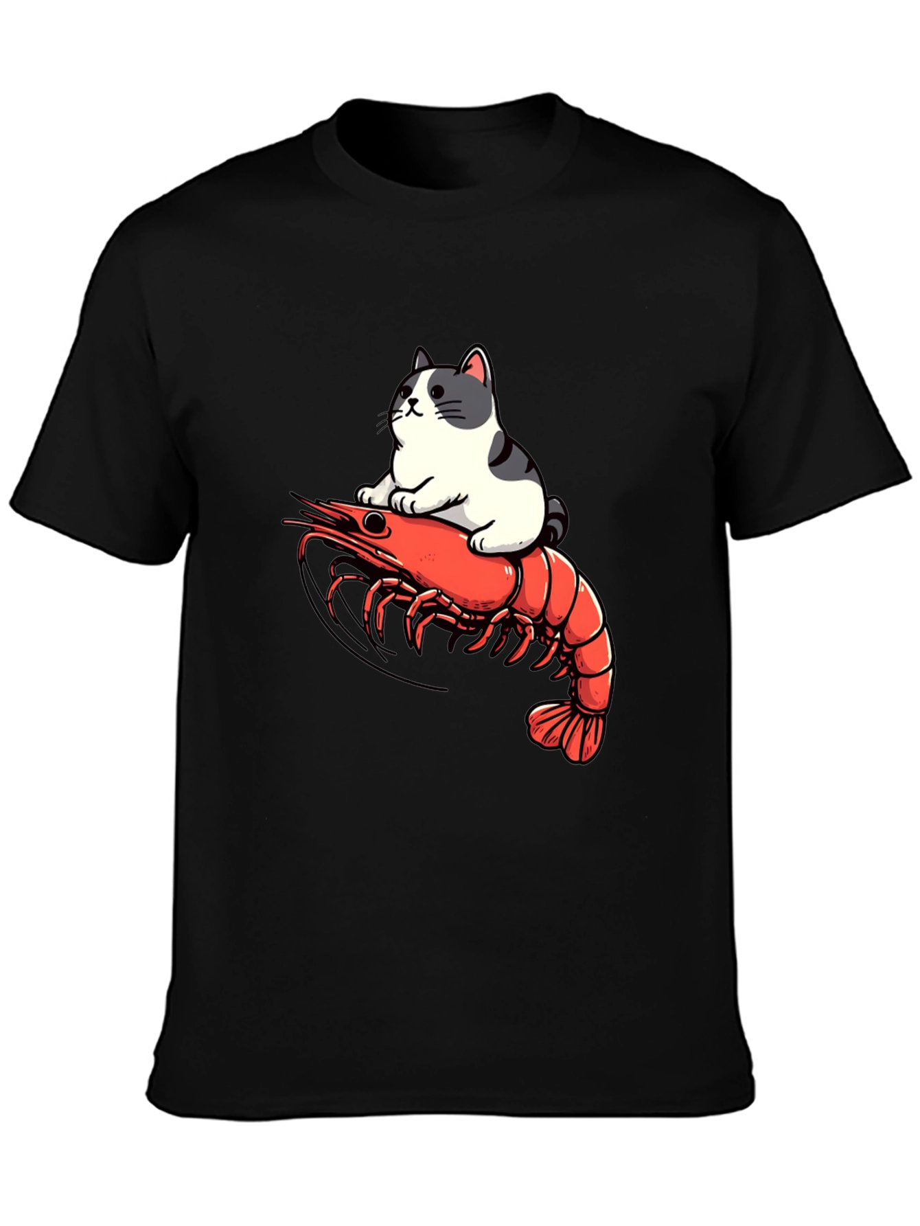 Black Cat Riding Shrimp T-Shirt - Funny Graphic Tee view 3