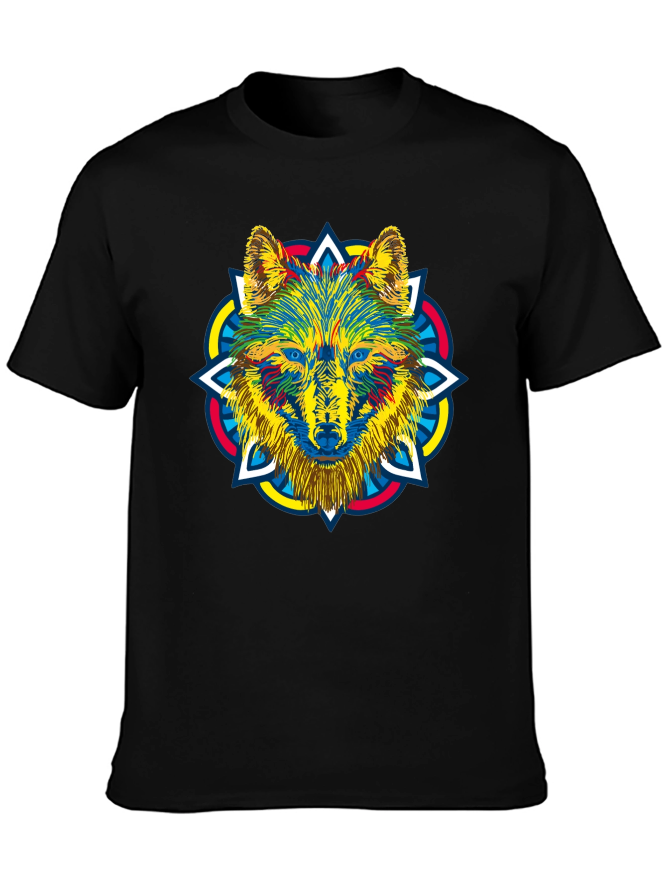 Black Wolf Mandala Graphic Print Men's Black T-Shirt view 3