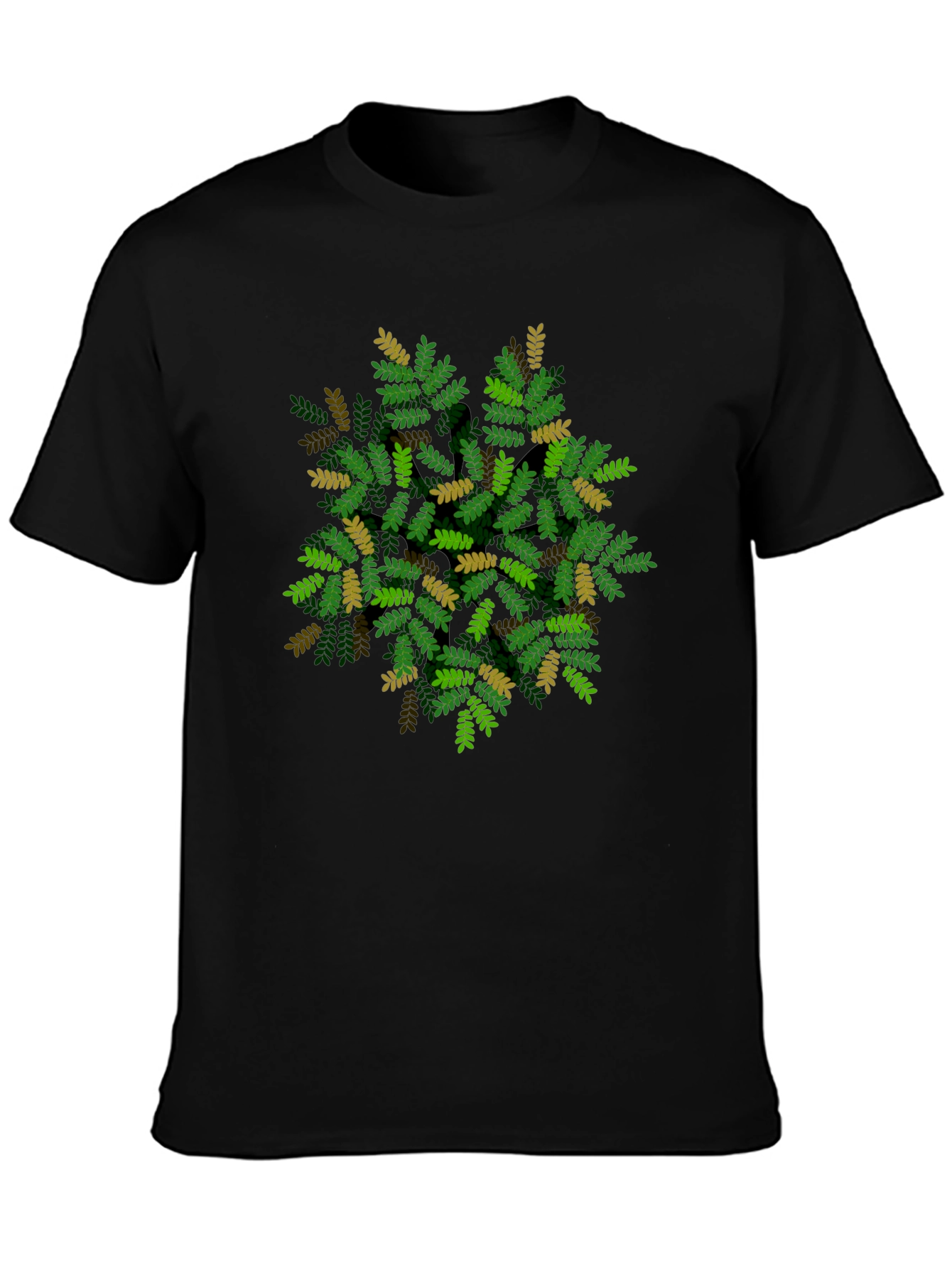 Black Leaf Pattern Black T-Shirt - Nature Inspired Design view 3