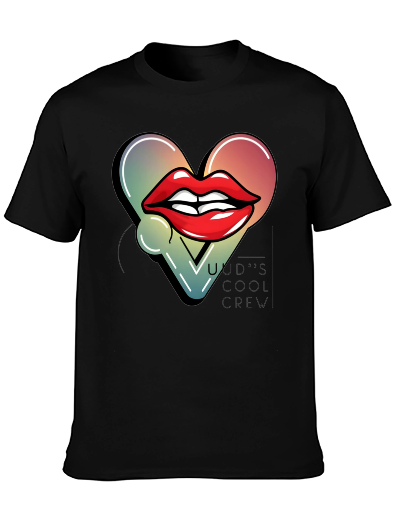 Black Trendy Lips Heart Graphic Black T-Shirt view 3