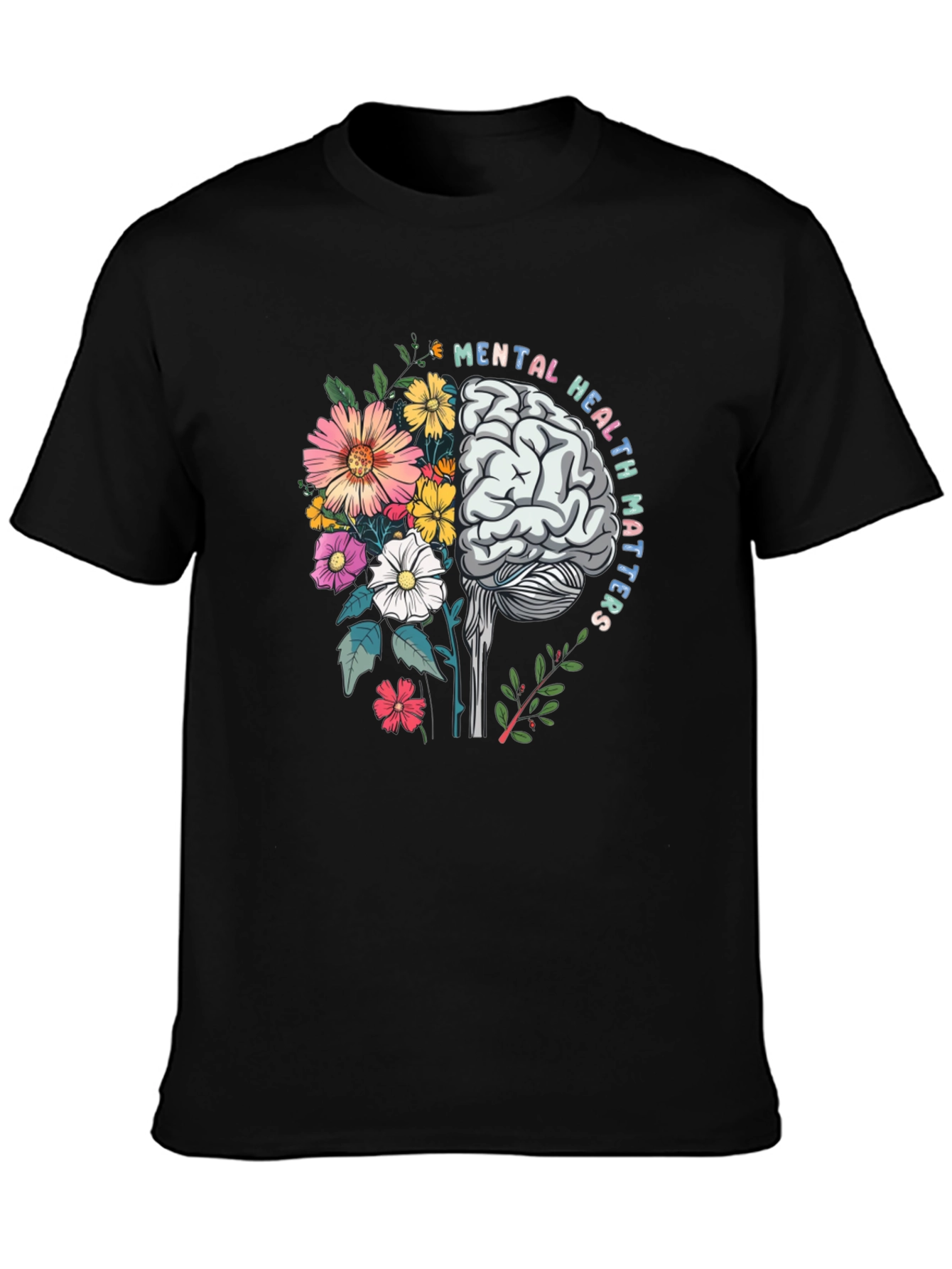 Black Mental Health Matters T-Shirt Brain Flowers Graphic view 3