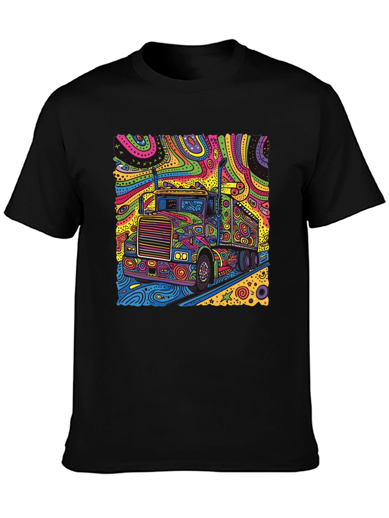Black Psychedelic Truck T-Shirt - Colorful Semi Truck Design view 3