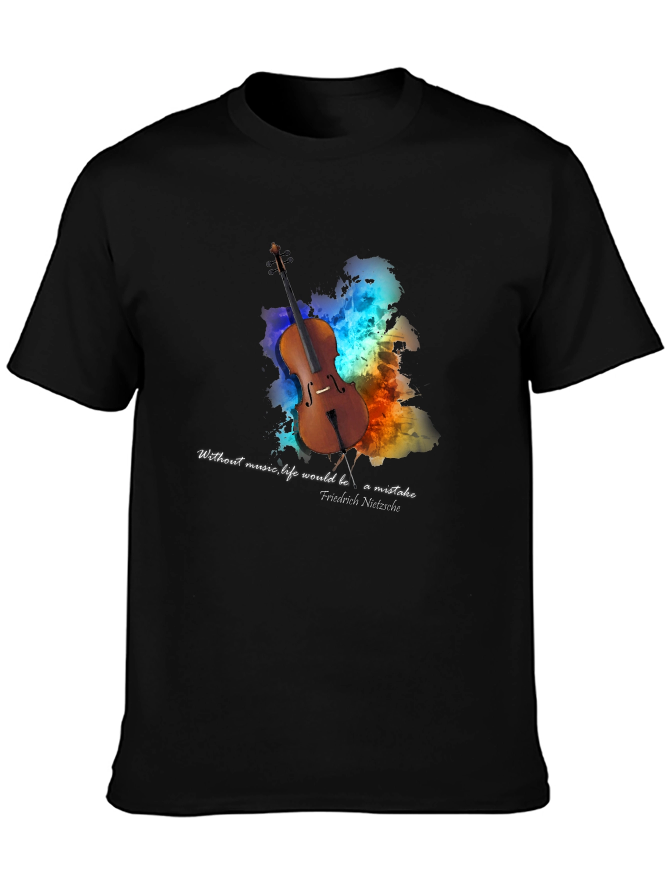 Black Music Lover's T-Shirt: Nietzsche Quote with Cello Design view 3