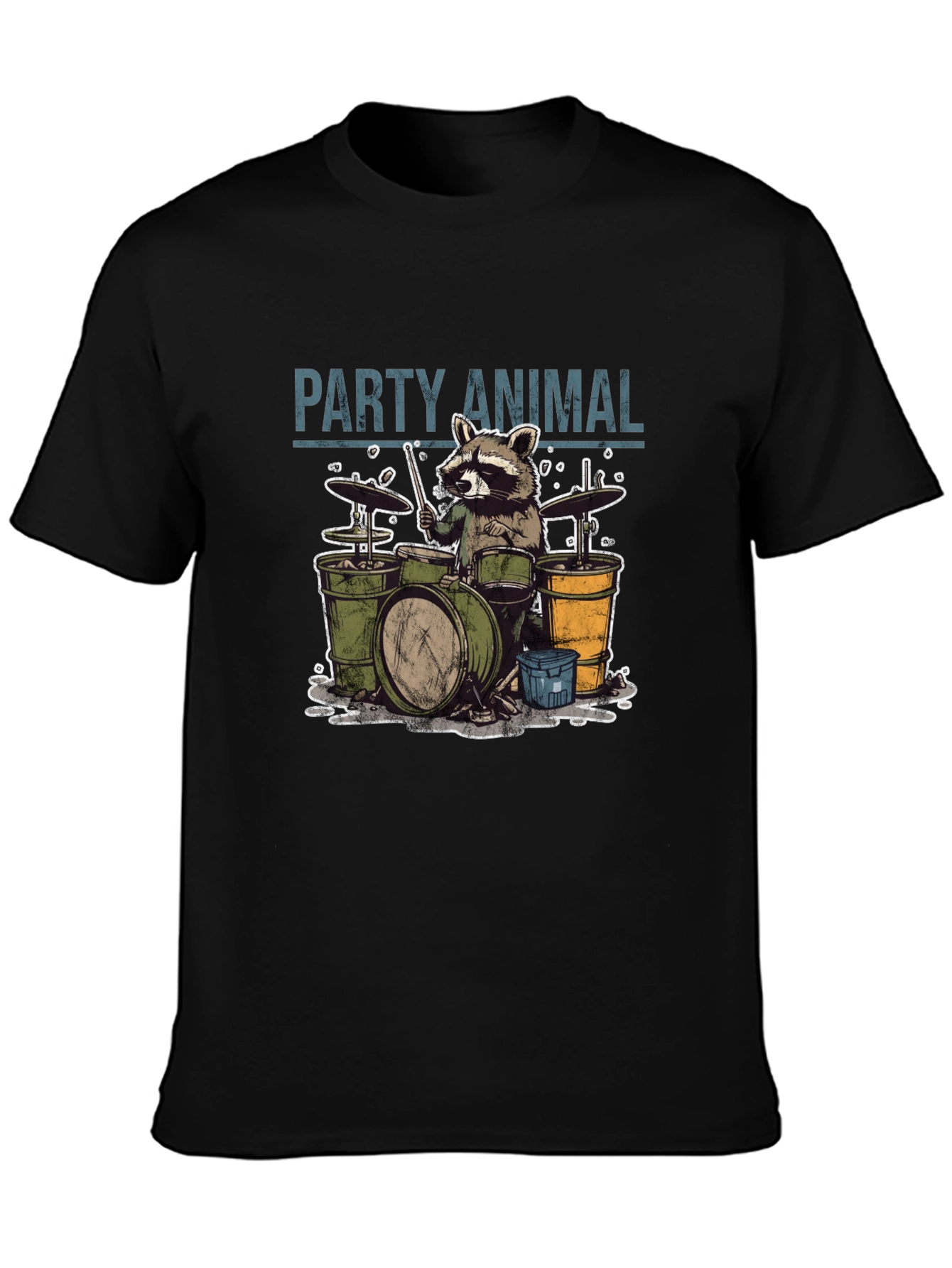 Black Party Animal Raccoon Drummer Graphic T-Shirt view 3