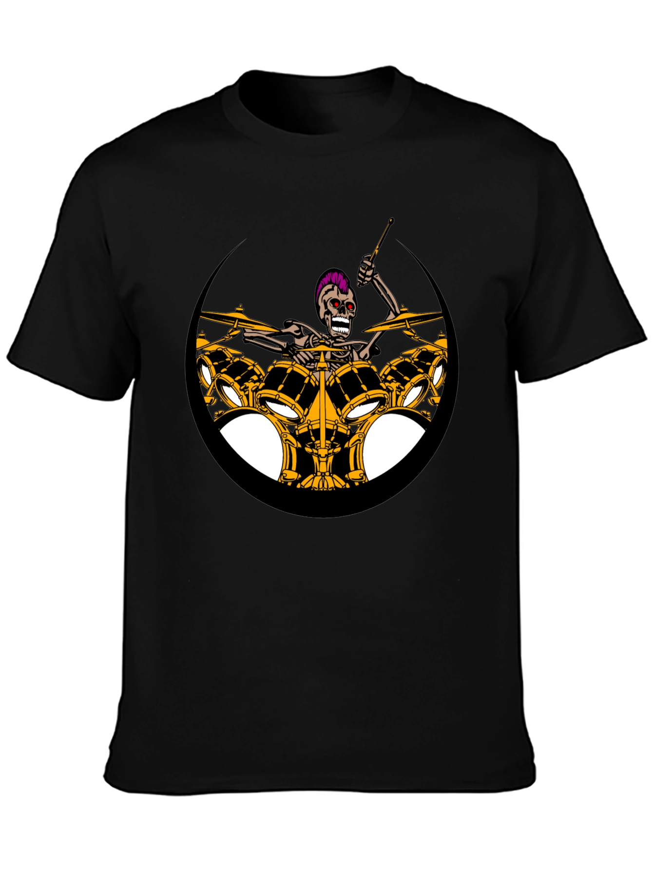 Black Skeleton Drummer Graphic Print Black T-Shirt view 3