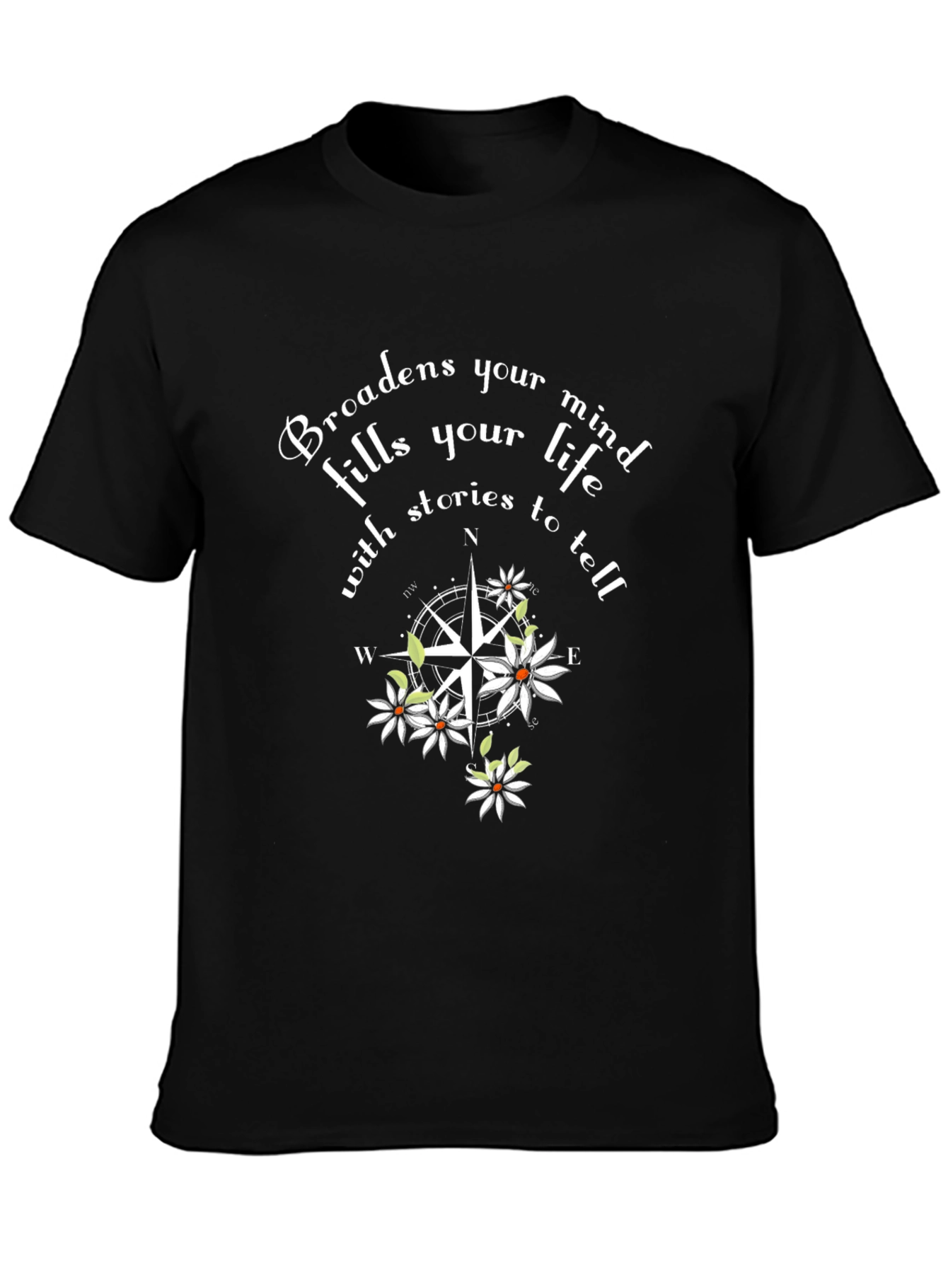 Black Inspirational Compass Floral Graphic Black T-Shirt view 3