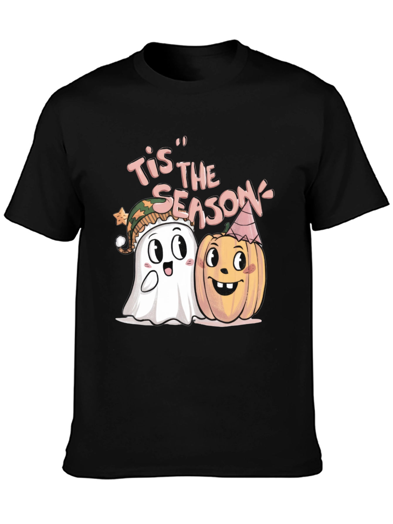 Black Tis' the Season Halloween Ghost & Pumpkin T-Shirt view 3