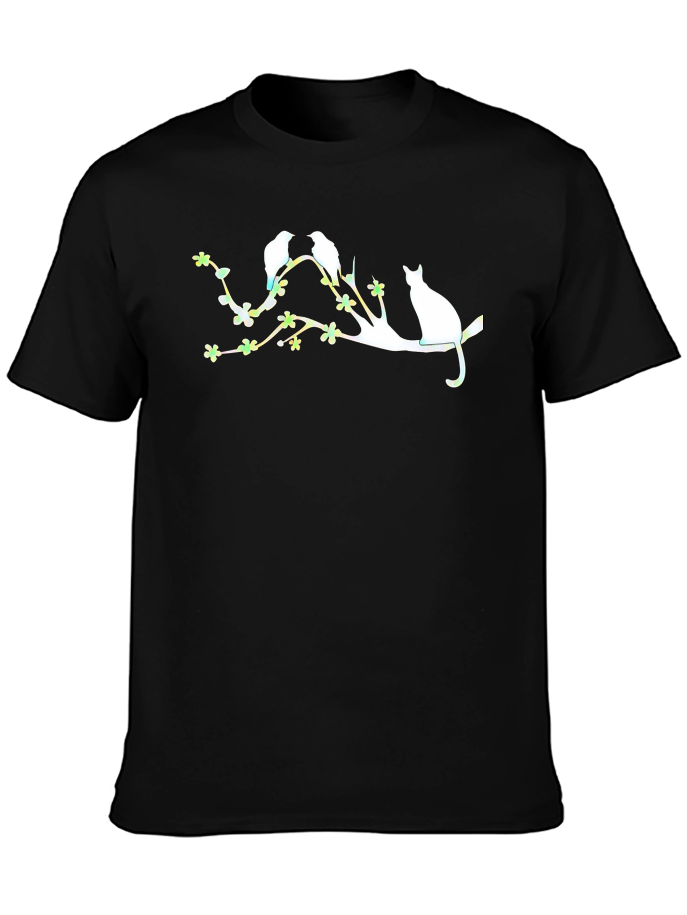 Black Birds, Cat, & Blossoms Black Graphic Tee view 3