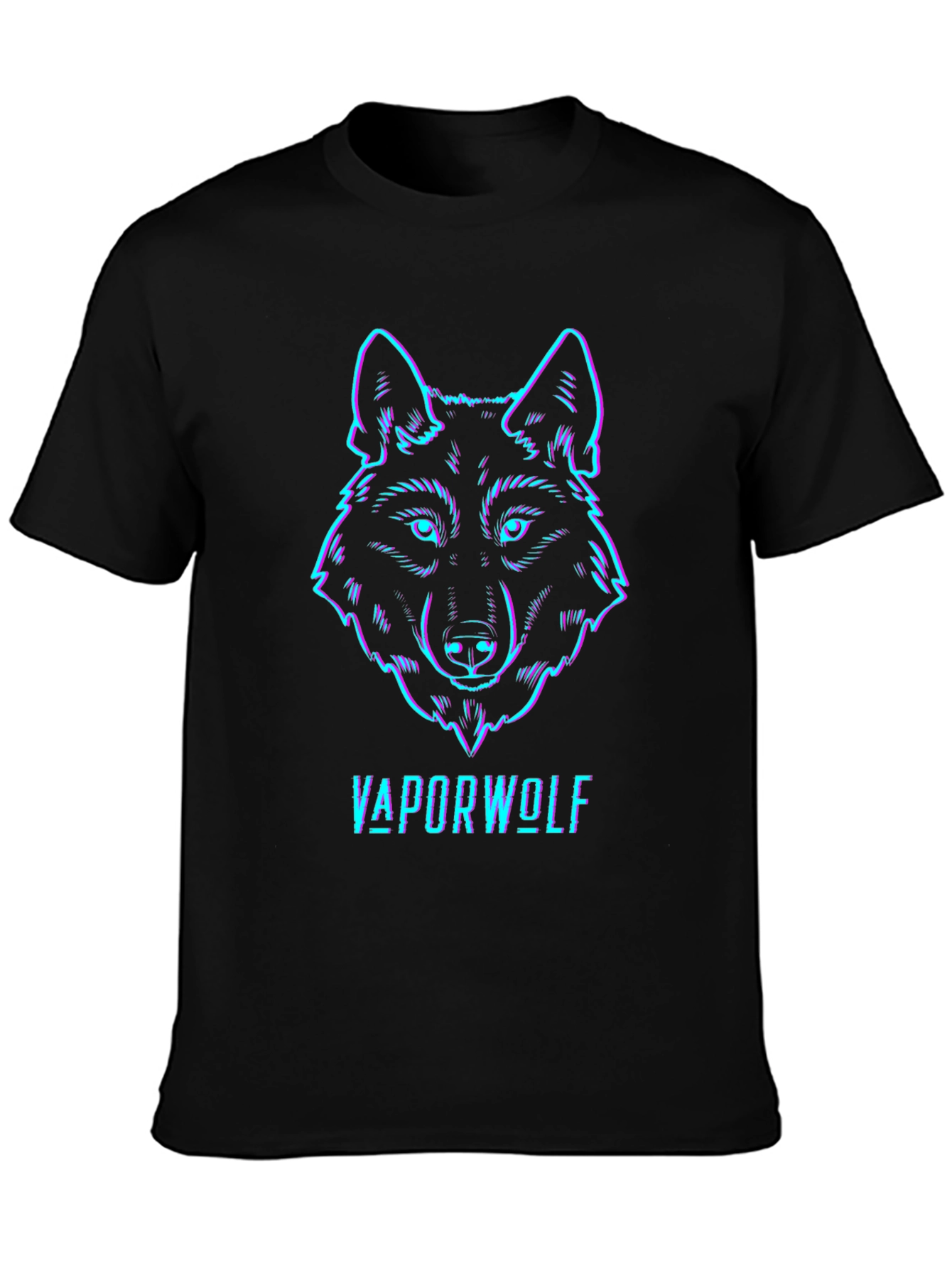 Black Vaporwave Wolf Graphic Tee - Black Cotton T-Shirt view 3