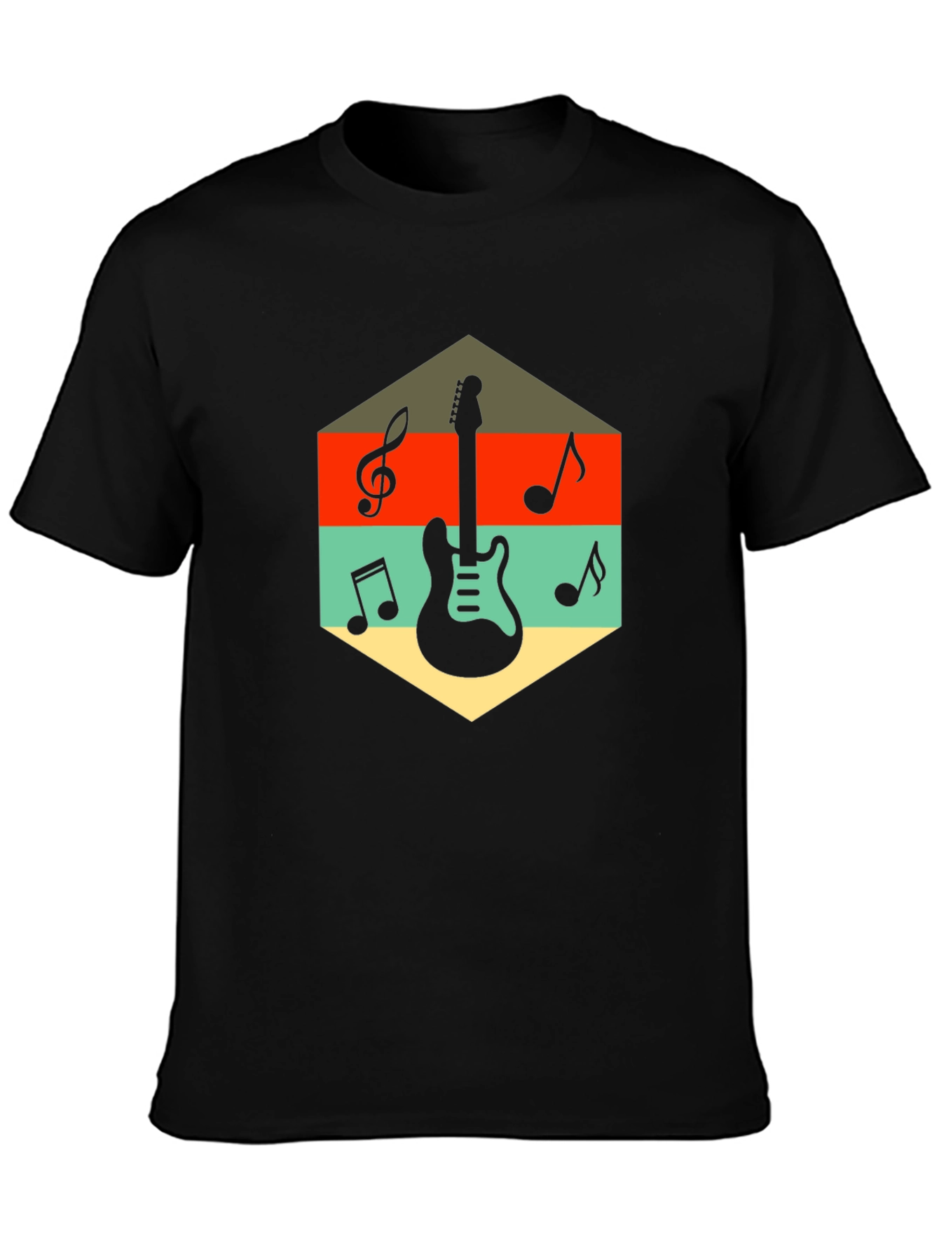 Black Retro Guitar & Music Note Graphic T-Shirt view 3