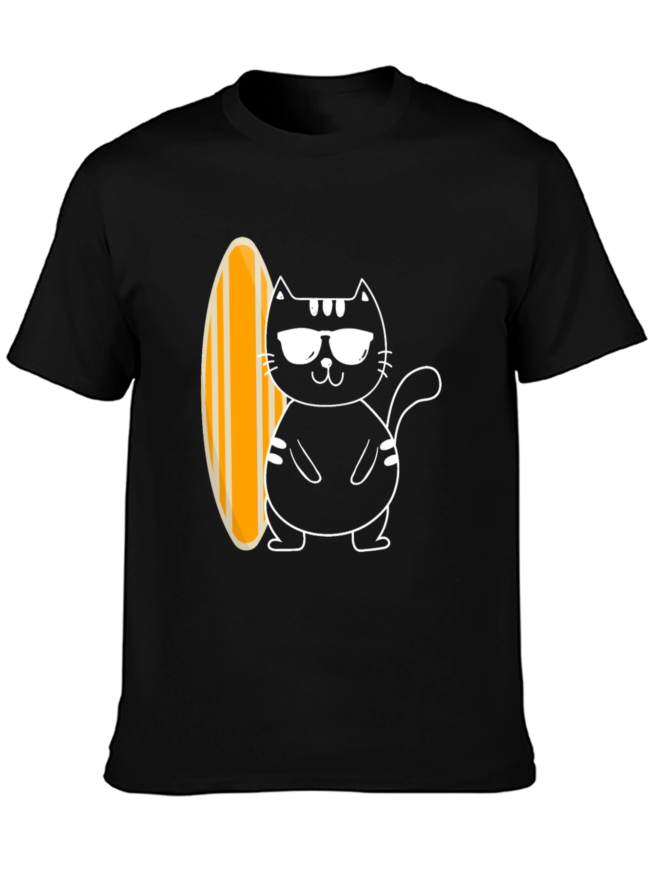 Black Cool Cat Surfboard Graphic Tee - Black Cotton T-Shirt view 3