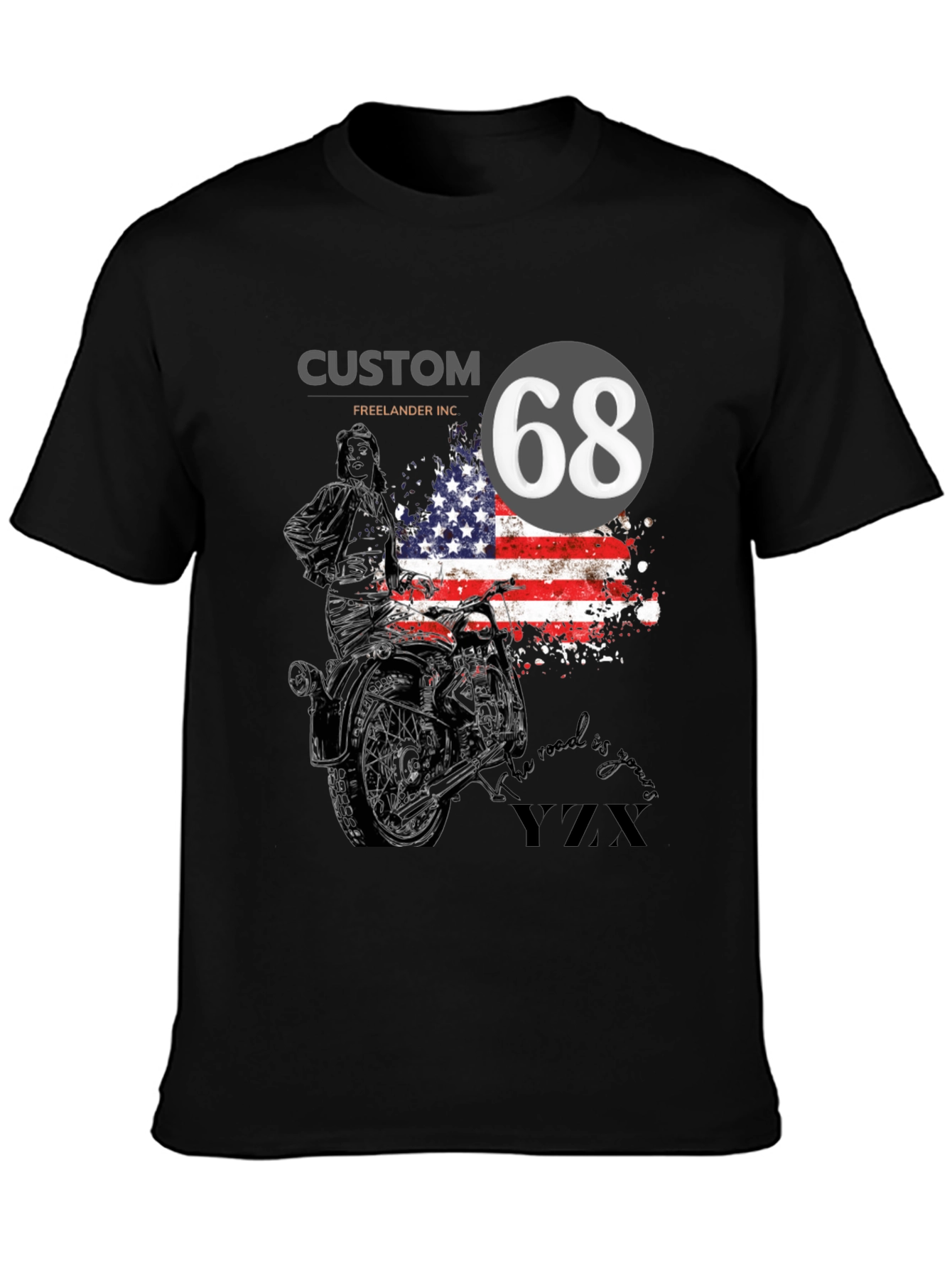 Black Custom 68 American Flag Motorcycle T-Shirt view 3