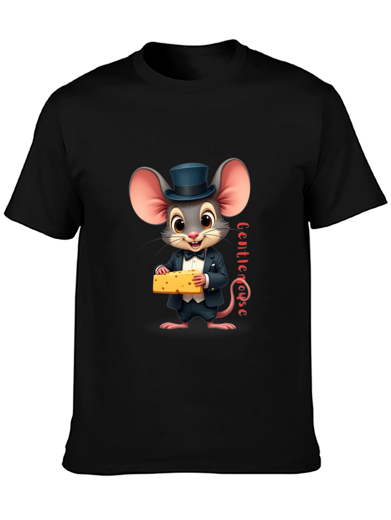 Black Gentle Mouse Cheese T-Shirt - Funny Cartoon Tee view 3