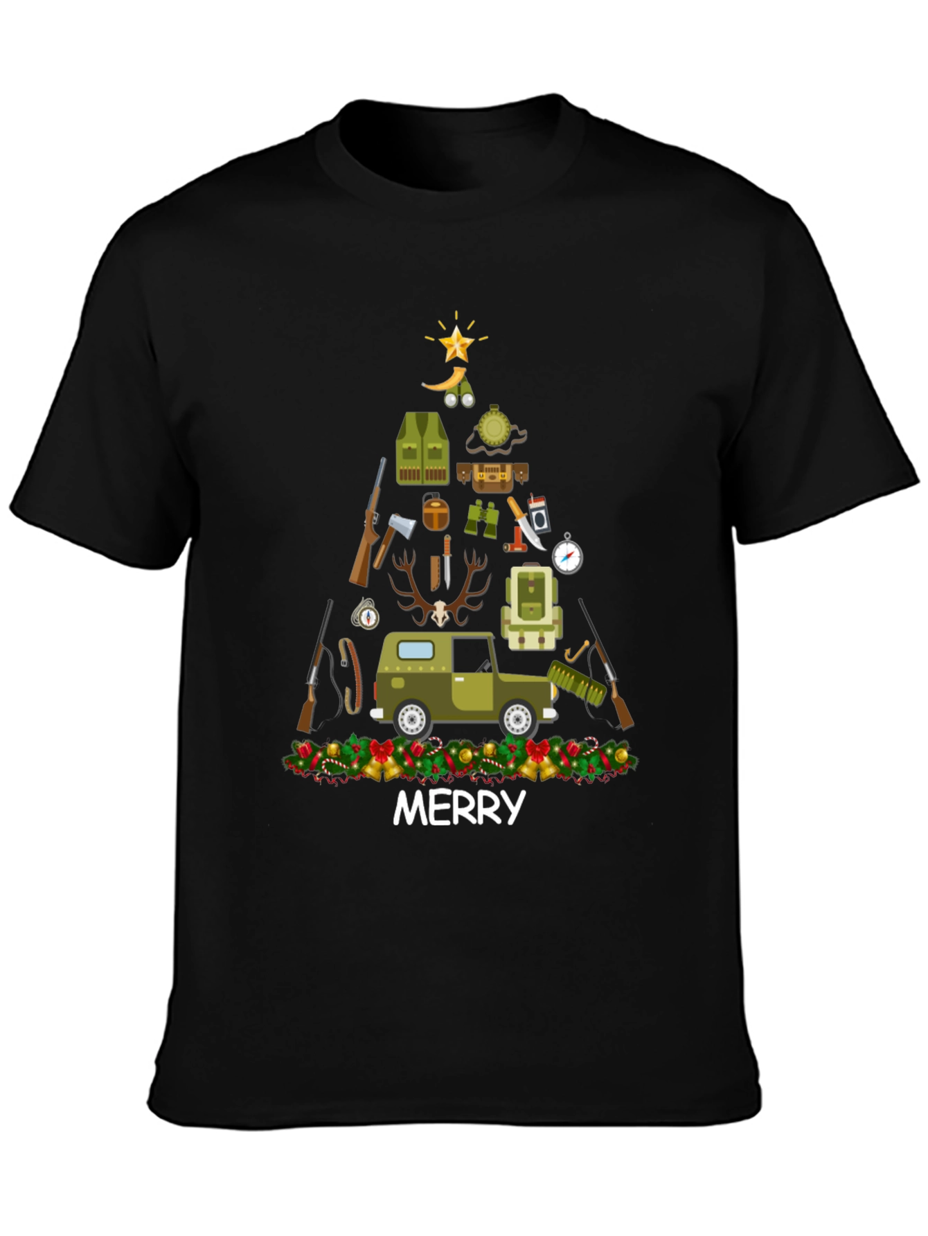 Black Merry Hunting Christmas Tree T-Shirt view 3