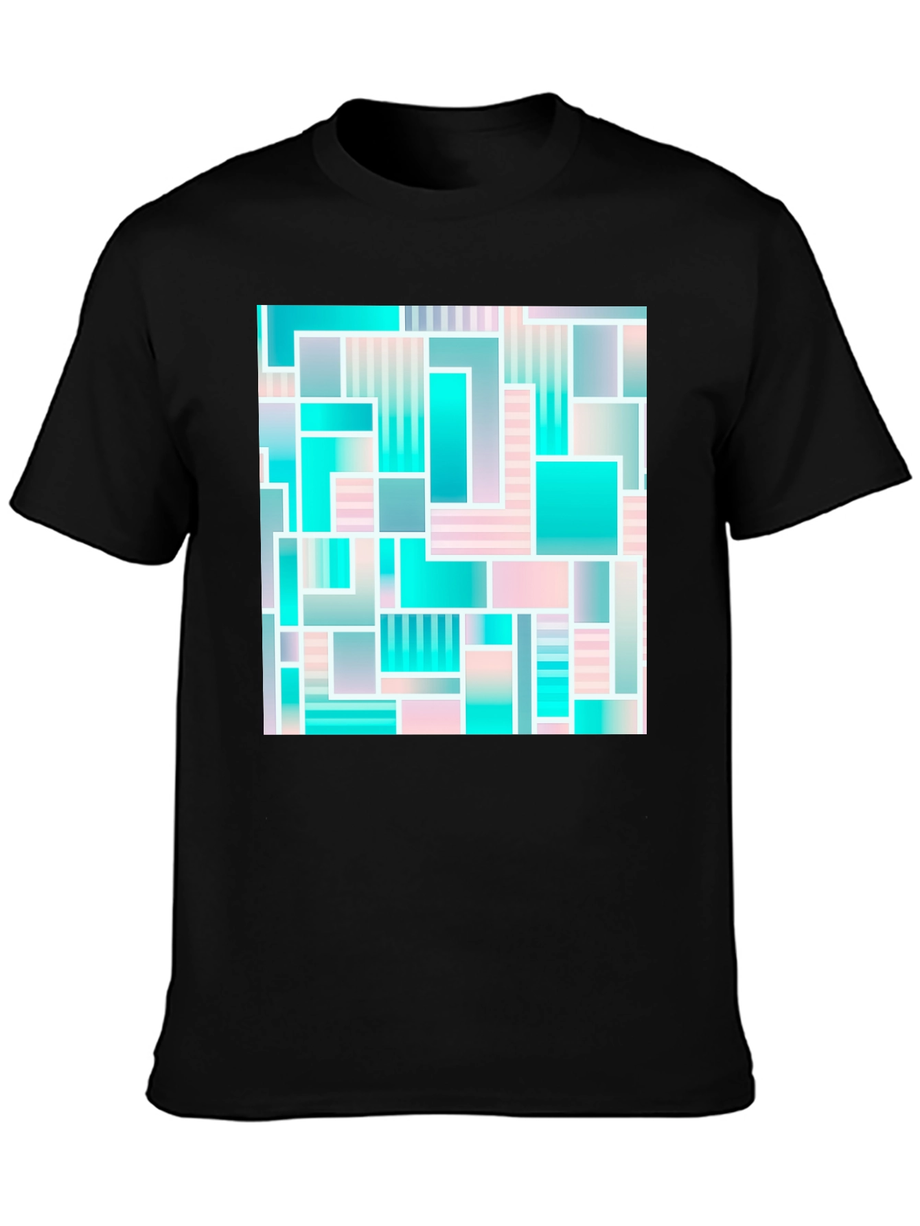 Black Geometric Abstract Teal & Pink T-Shirt view 3