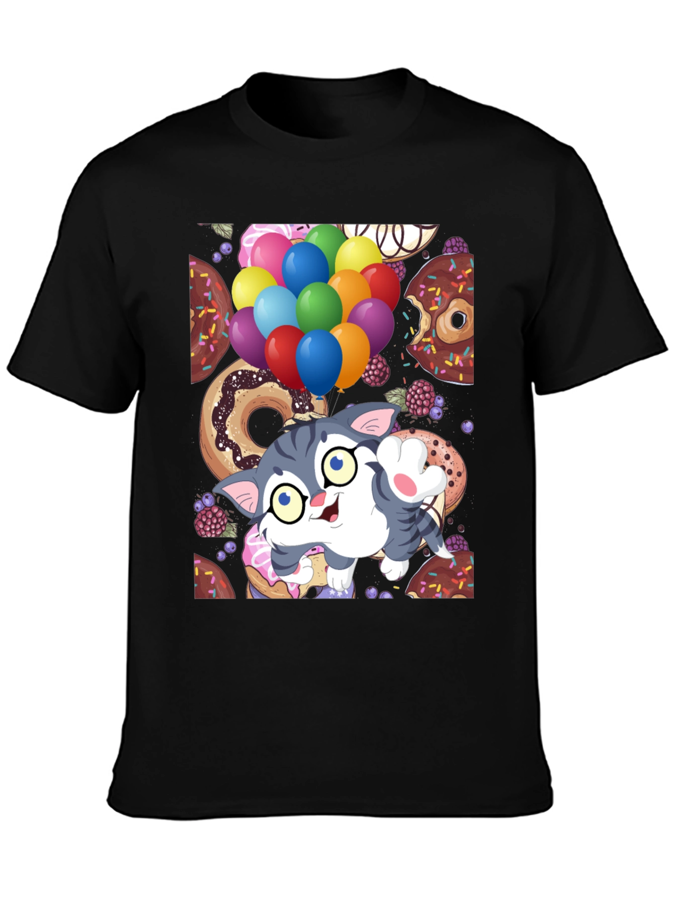 Black Cute Cartoon Cat with Balloons and Donuts T-Shirt view 3