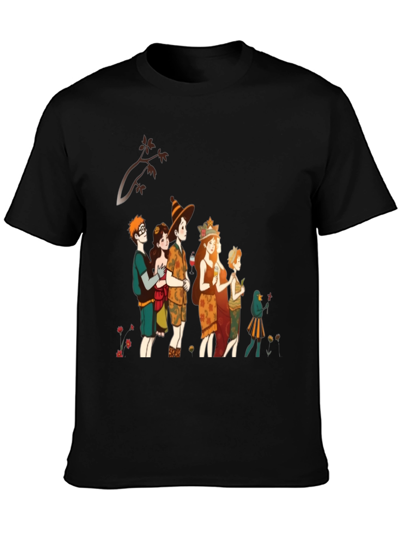 Black Whimsical Autumn Crew T-Shirt - Stylish Unisex Top view 3