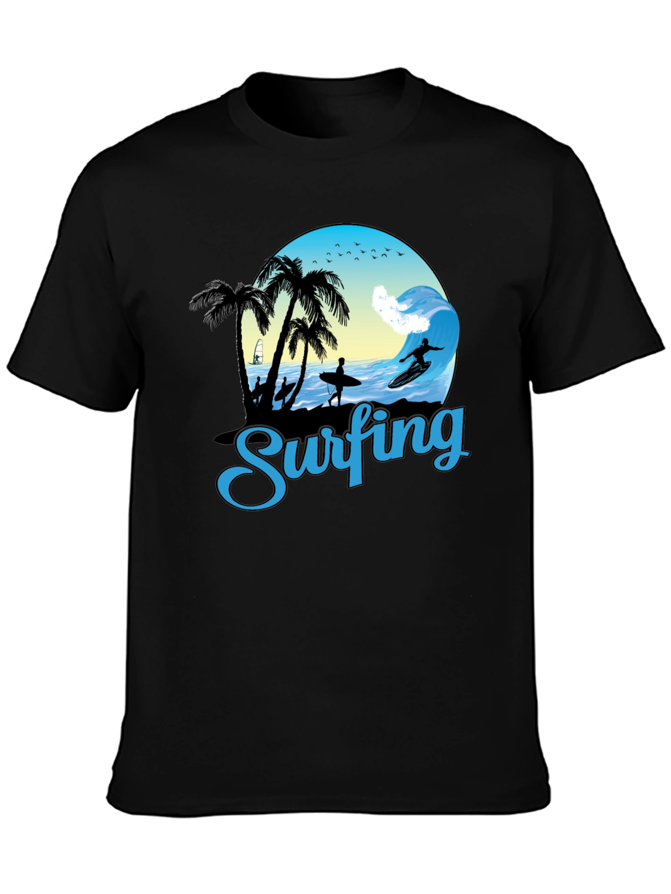 Black Surfing Graphic T-Shirt - Black Cotton Tee view 3