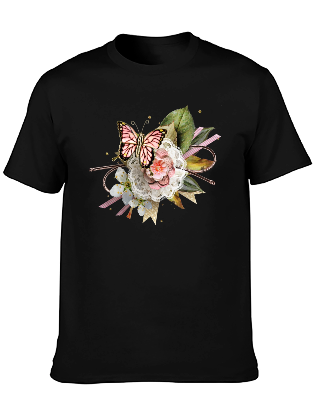 Black Butterfly Floral Graphic Tee - Black Cotton Blend view 3