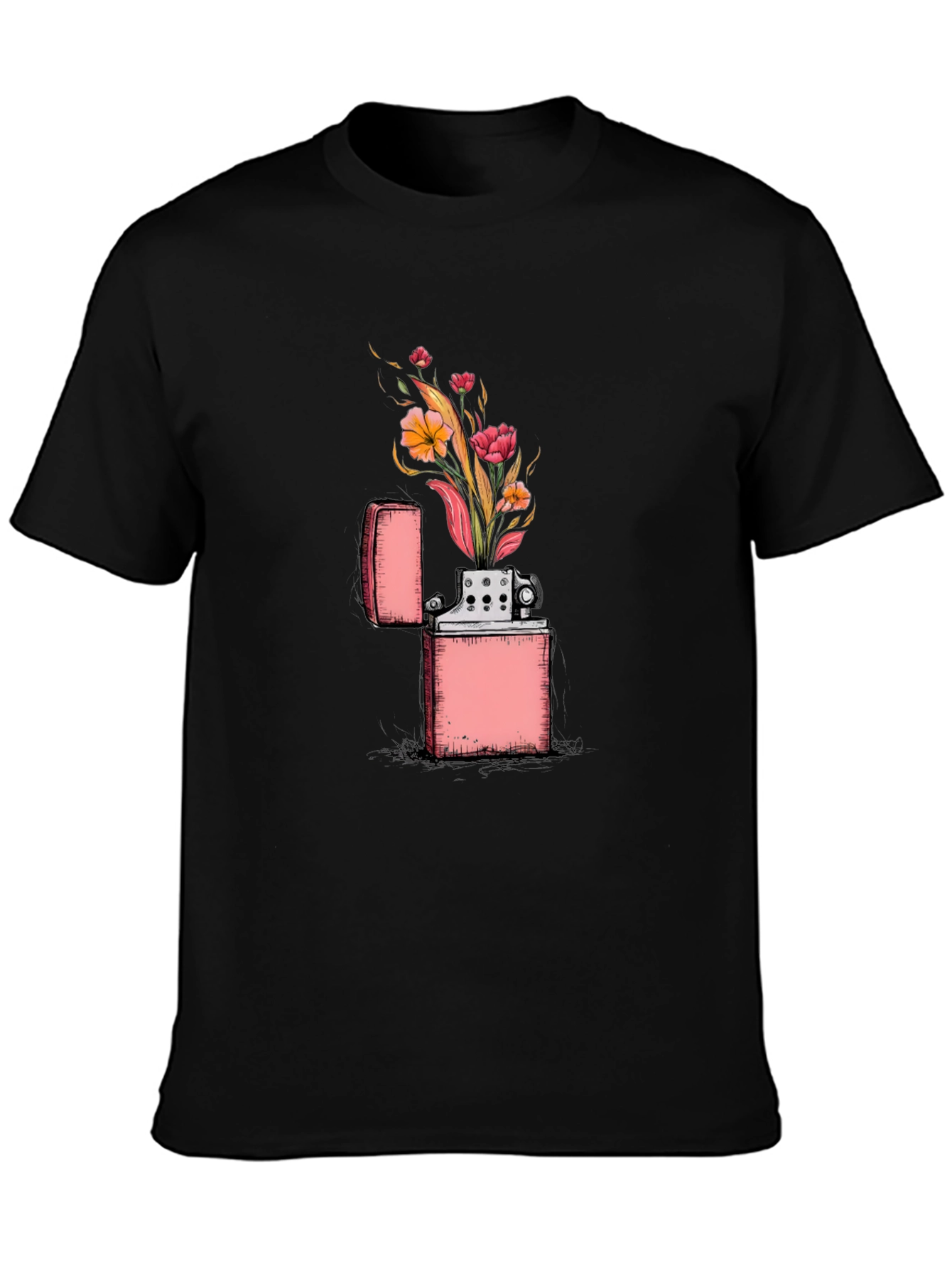 Black Floral Zippo Graphic Tee - Unique Lighter Design view 3
