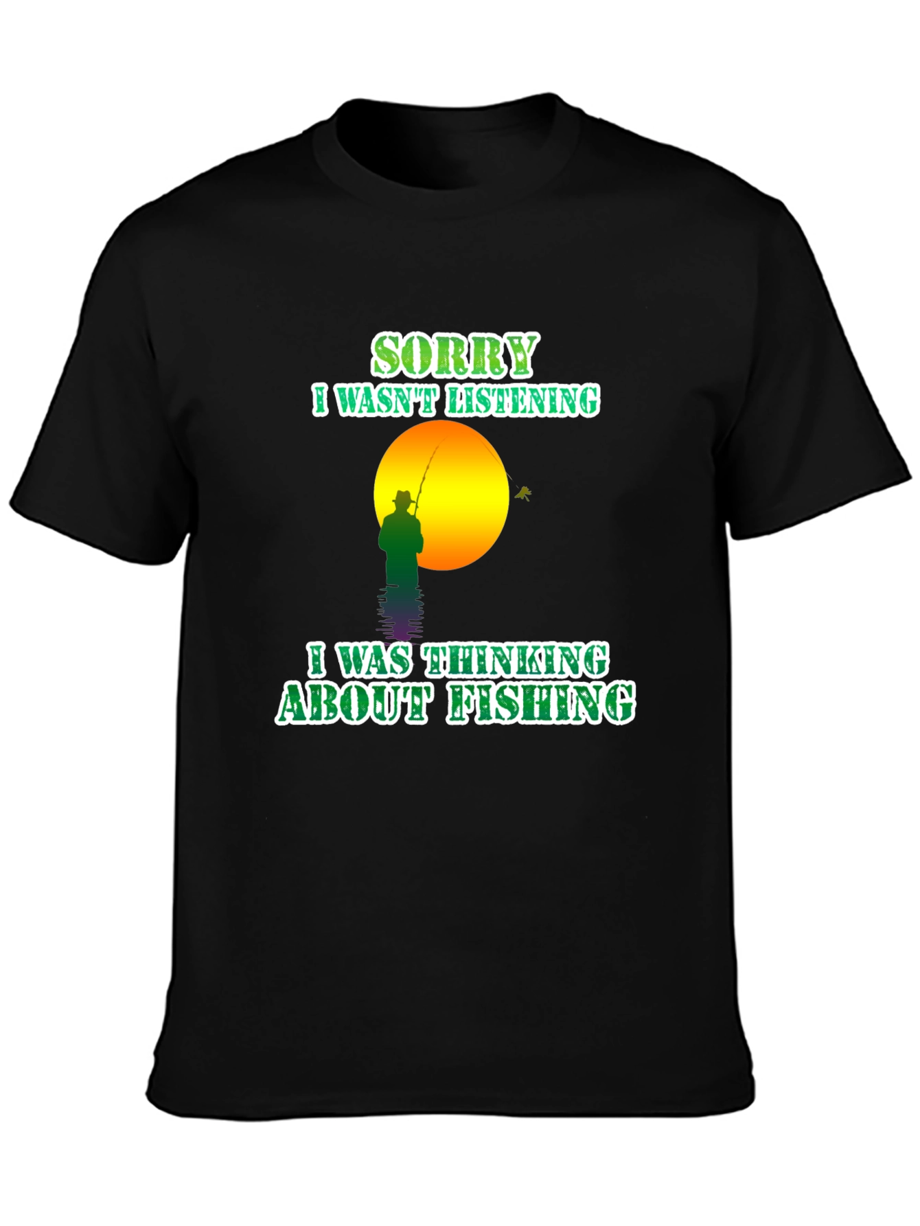 Black Fishing T-Shirt: Sorry, Thinking About Fishing view 3