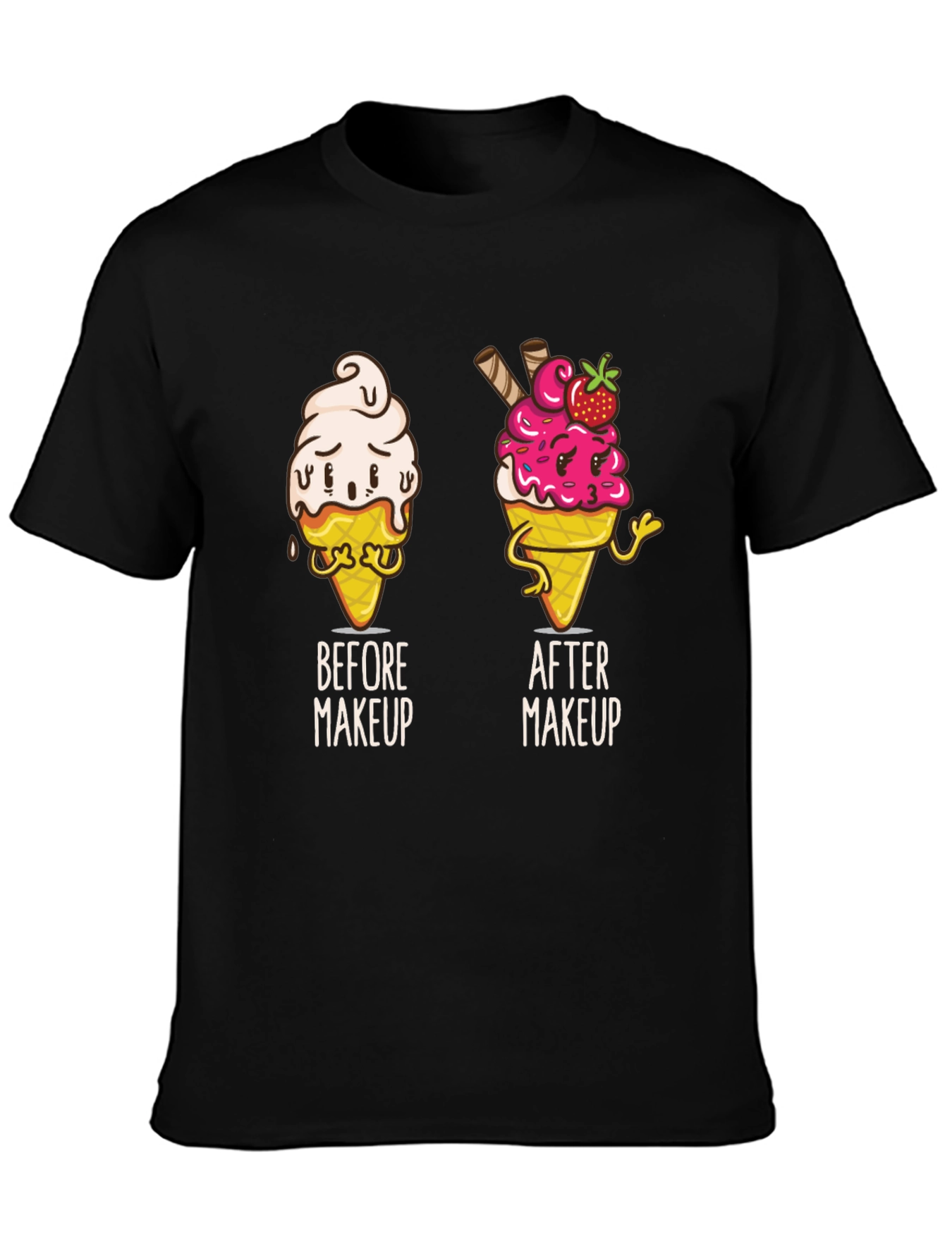 Black Funny Ice Cream Before and After Makeup T-Shirt view 3