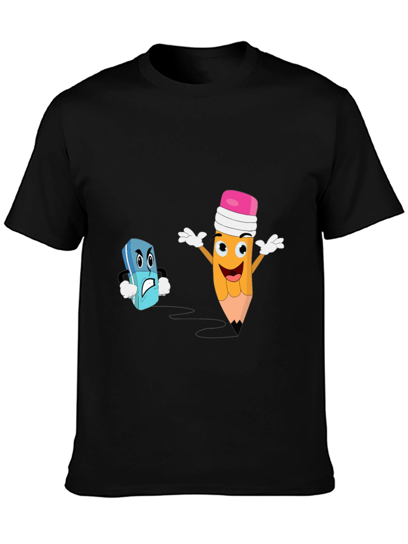 Black Funny Pencil vs Eraser Cartoon Black T-Shirt view 3