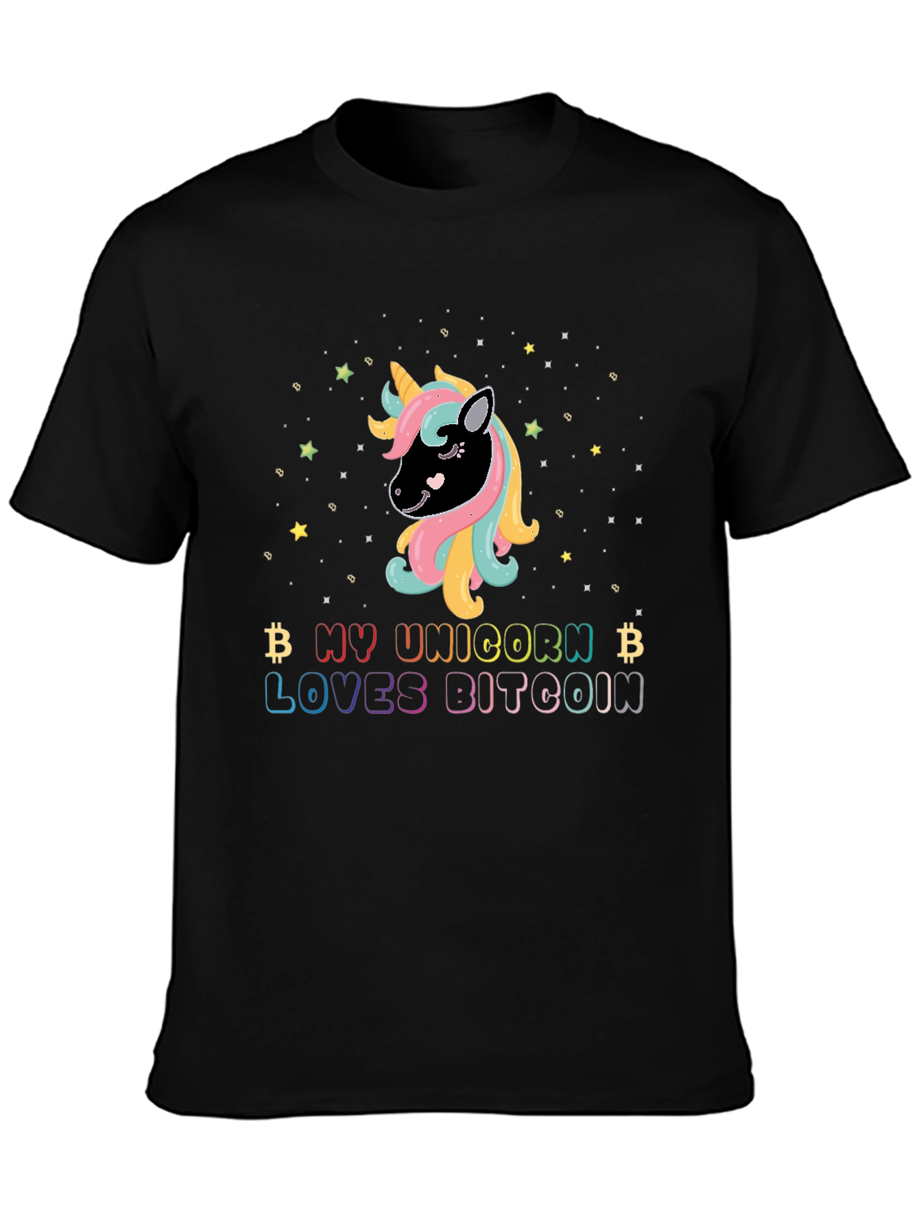 Black My Unicorn Loves Bitcoin Graphic T-Shirt view 3