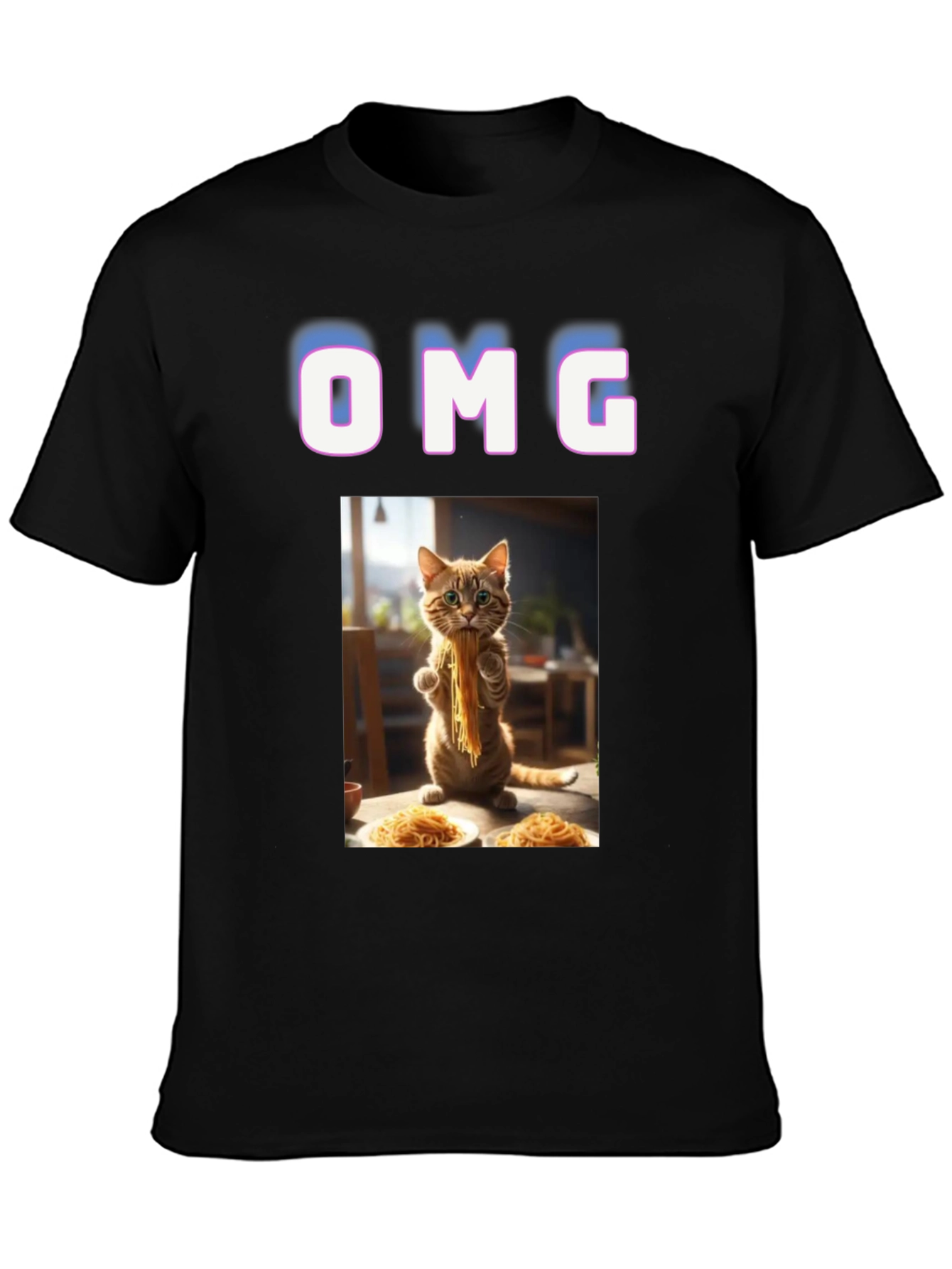 Black OMG Cat Eating Spaghetti Graphic T-Shirt view 3