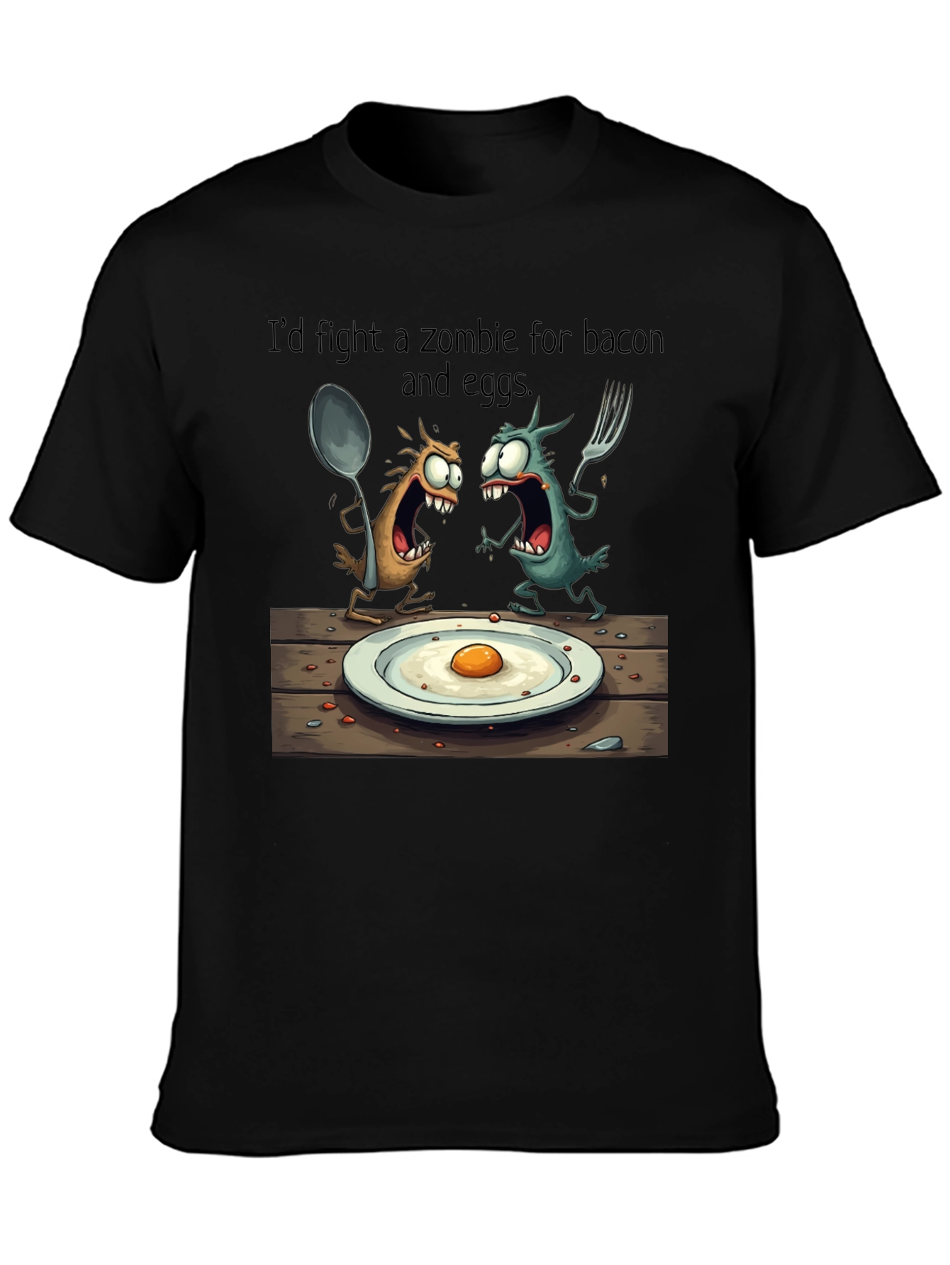 Black Zombie Bacon & Eggs T-Shirt: Funny Cartoon Foodie Tee view 3