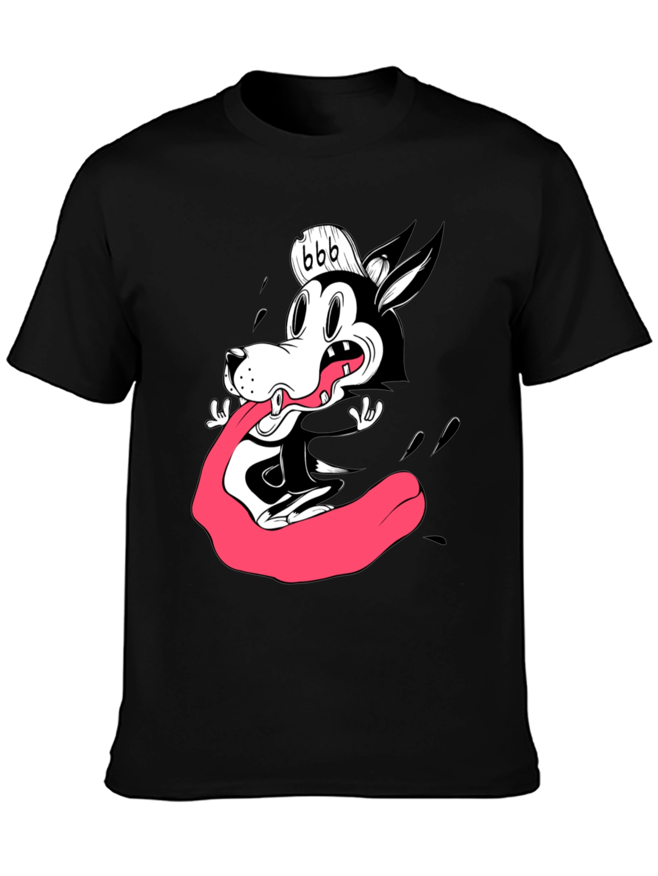 Black Cartoon Wolf Graphic Tee - Black Cotton T-Shirt view 3