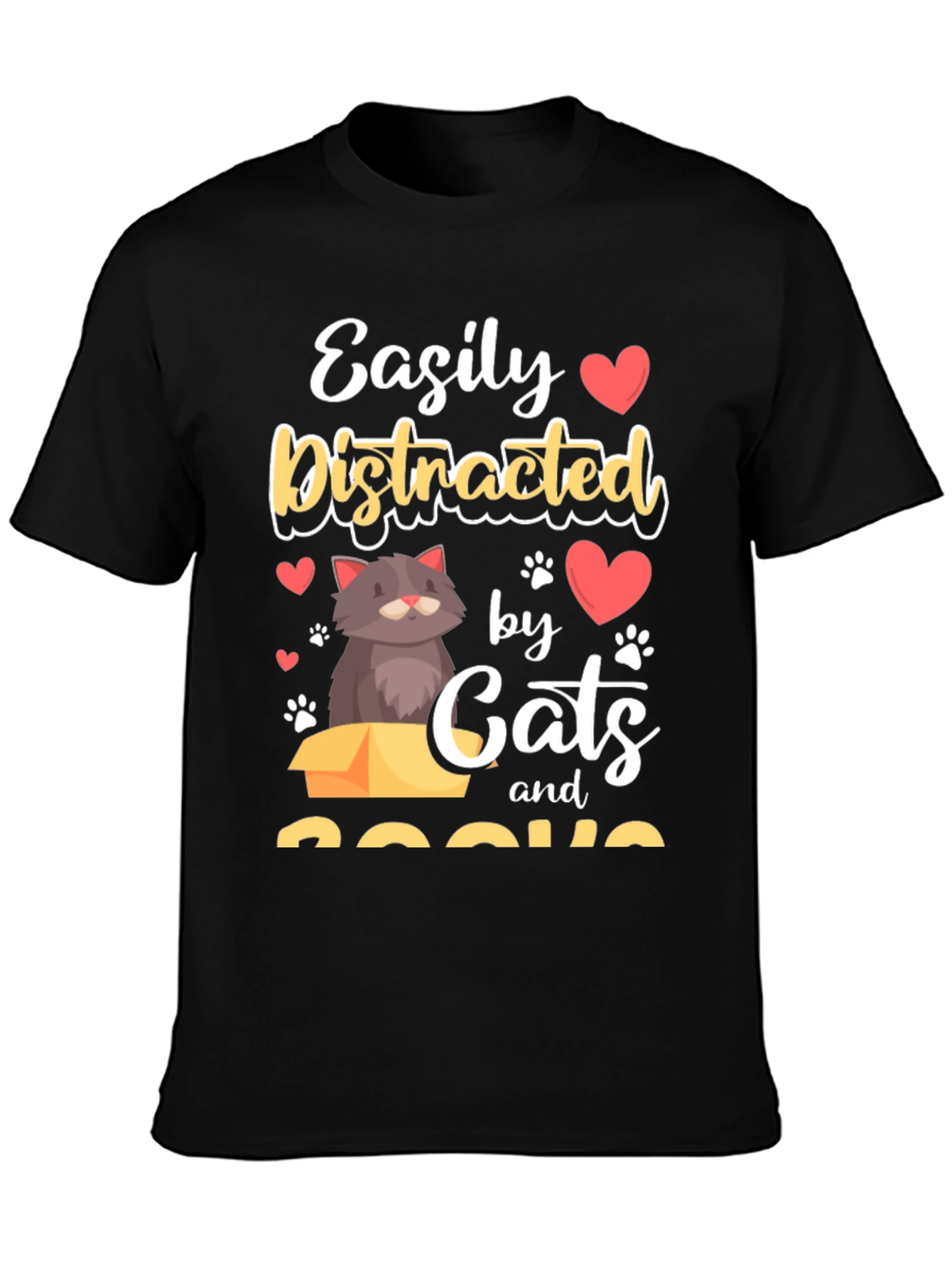 Black Easily Distracted by Cats and Books T-Shirt view 3