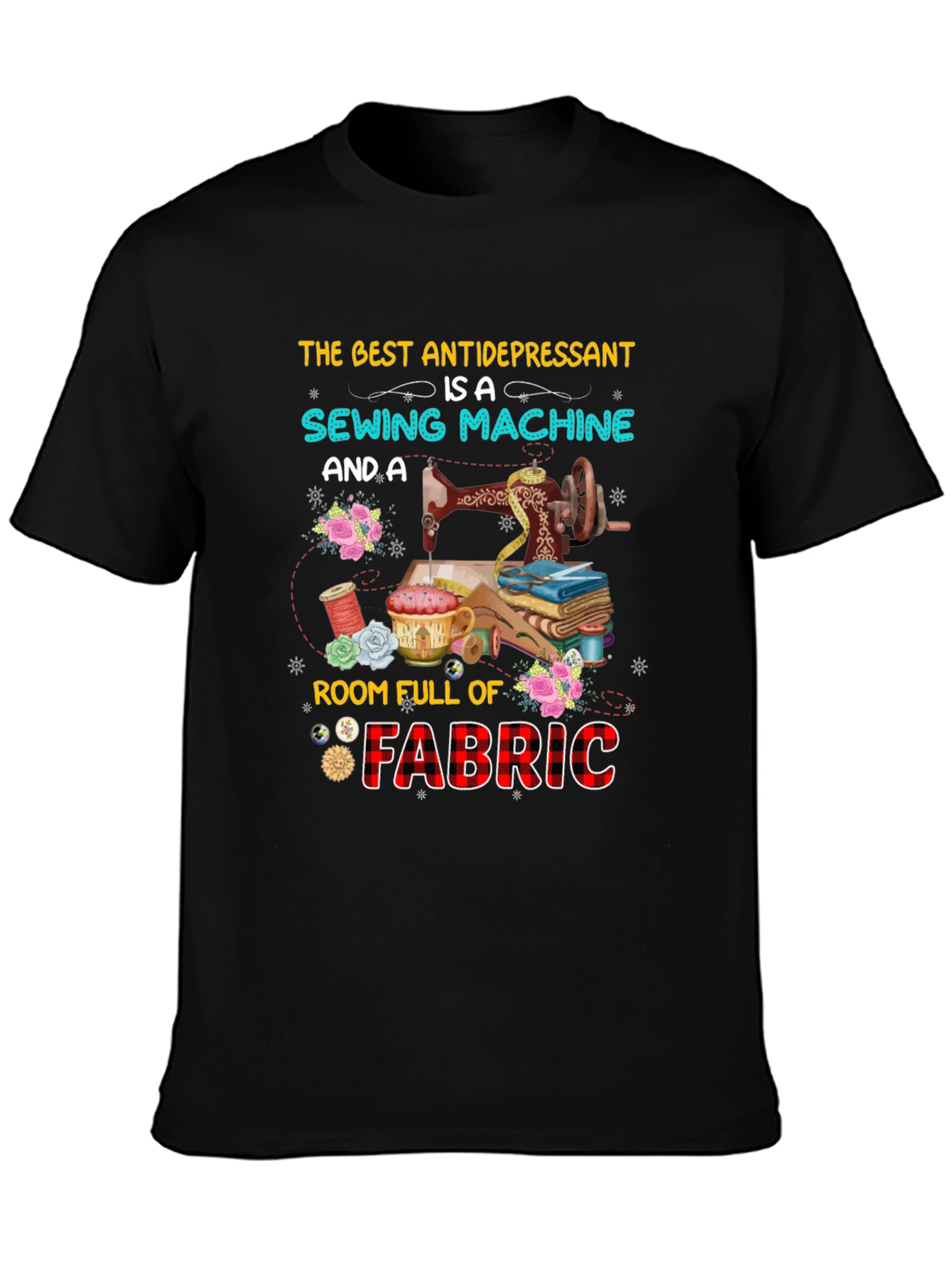 Black Sewing Machine & Fabric Lover T-Shirt view 3