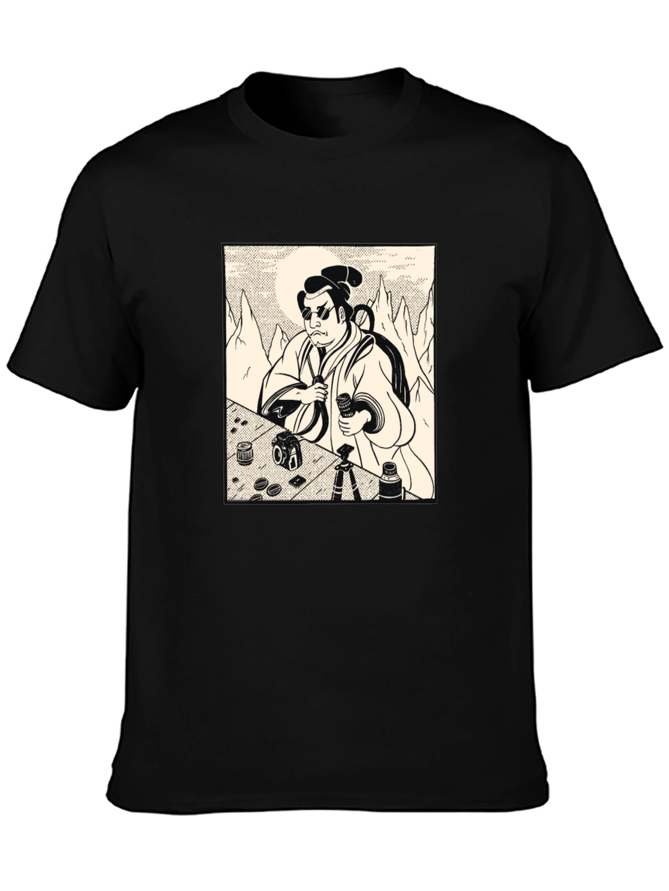 Black Samurai Photographer Black T-Shirt - Unique Graphic Tee view 3