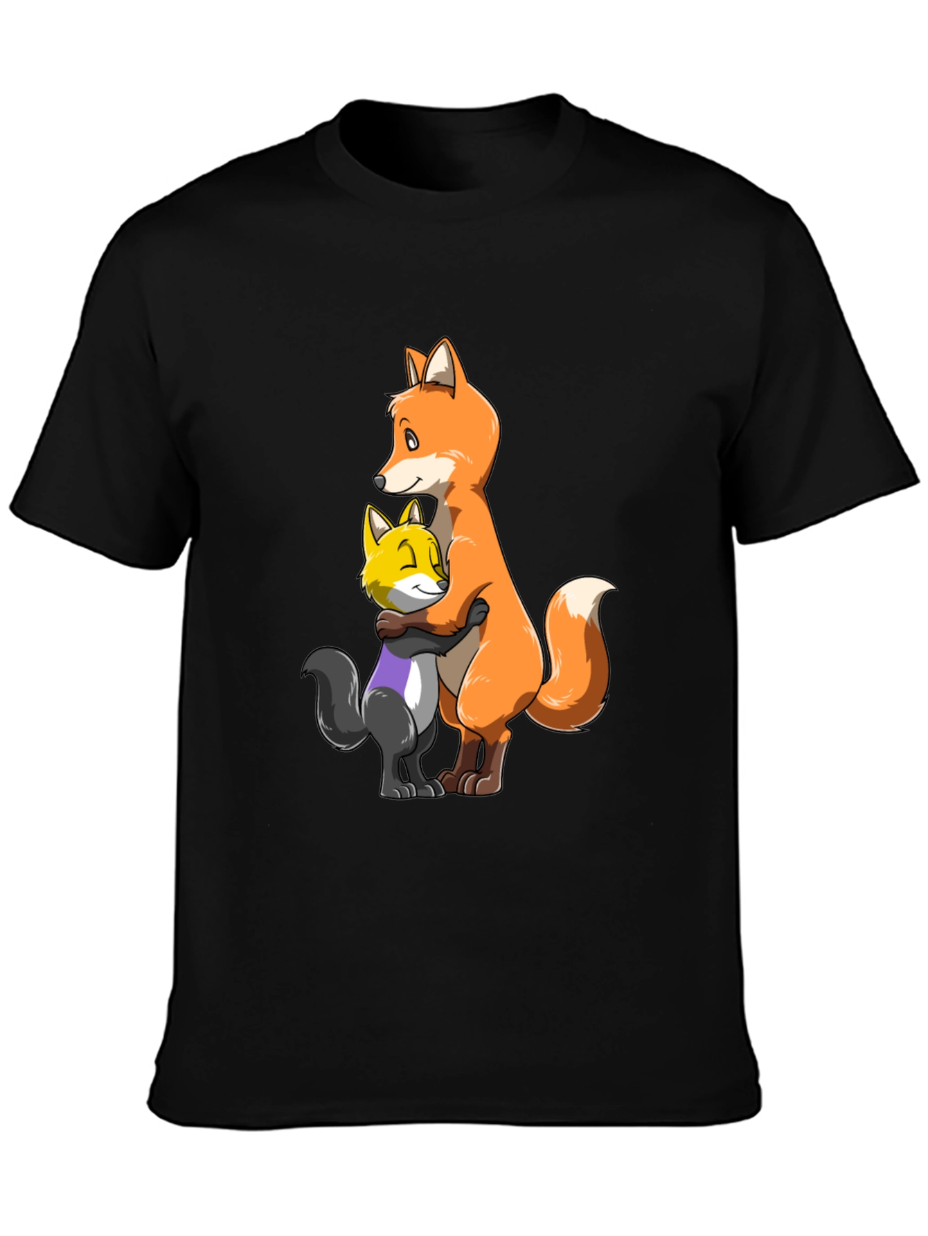 Black Fox Hug T-Shirt - Cute Cartoon Animal Graphic Tee view 3