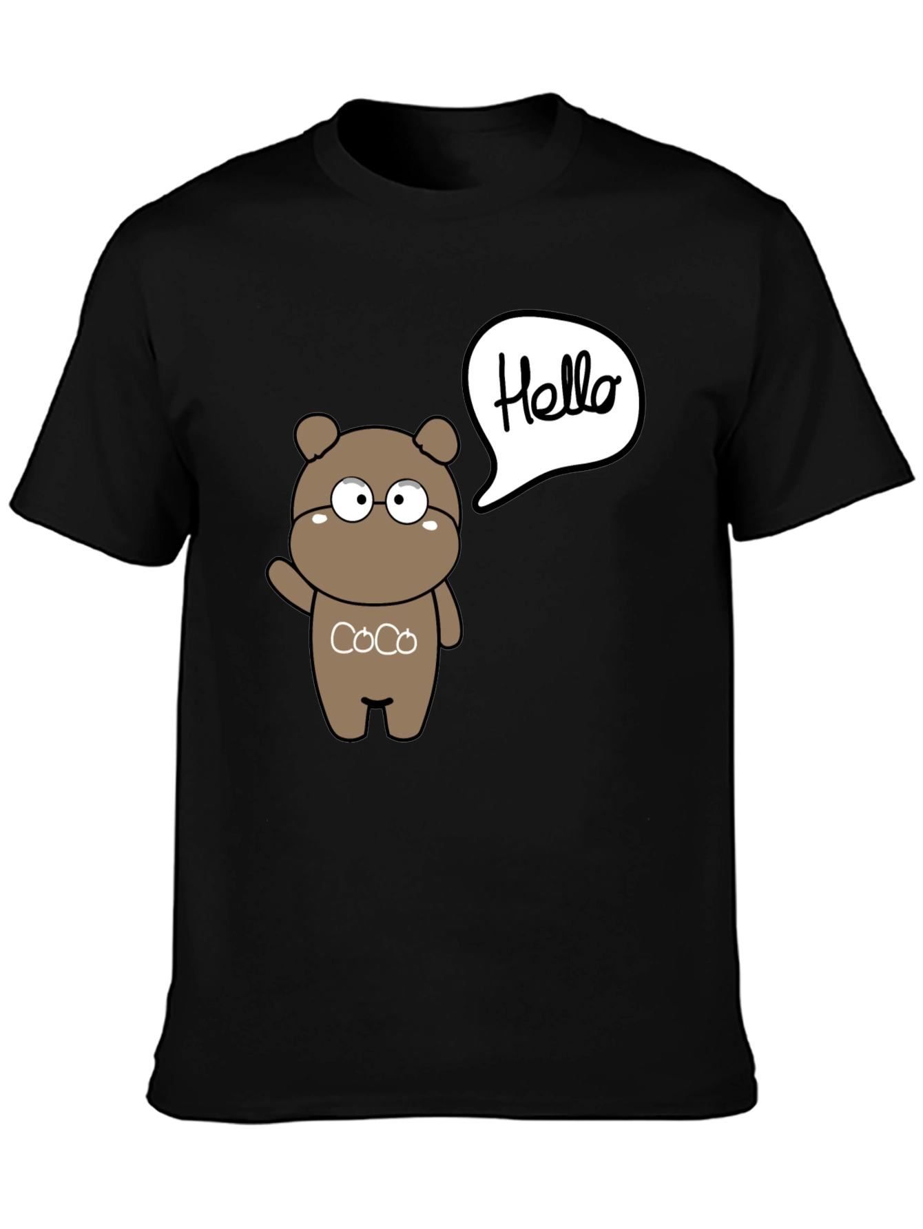 Black Cute Cartoon Bear Hello Graphic Black T-Shirt view 3