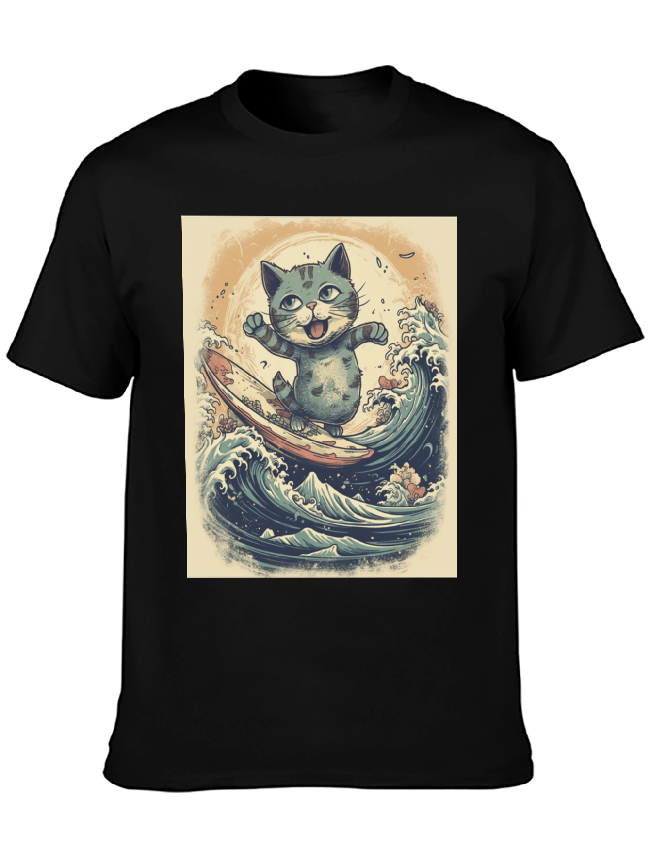 Black Cat Surfing Graphic Tee - Black Cotton Blend view 3