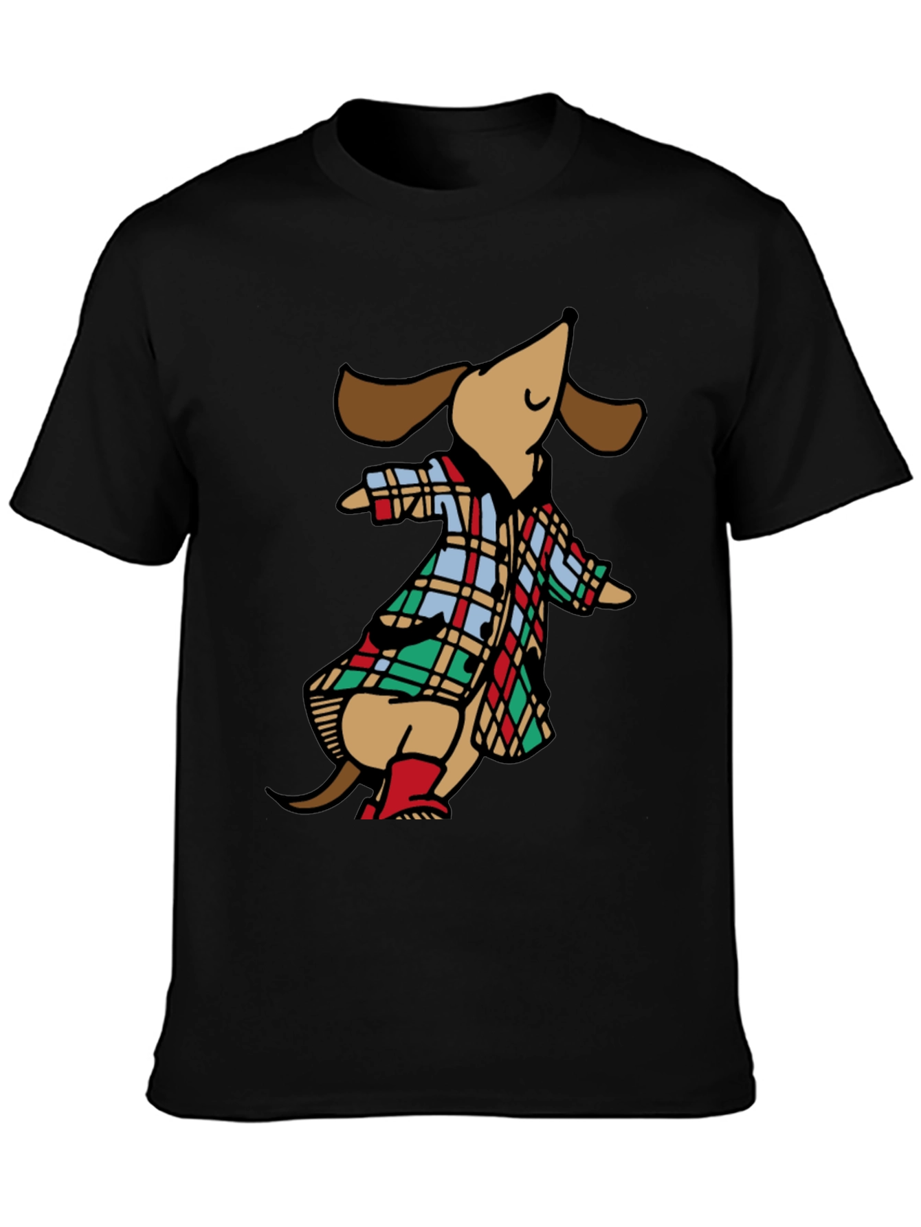 Black Dachshund in Plaid Raincoat T-Shirt view 3