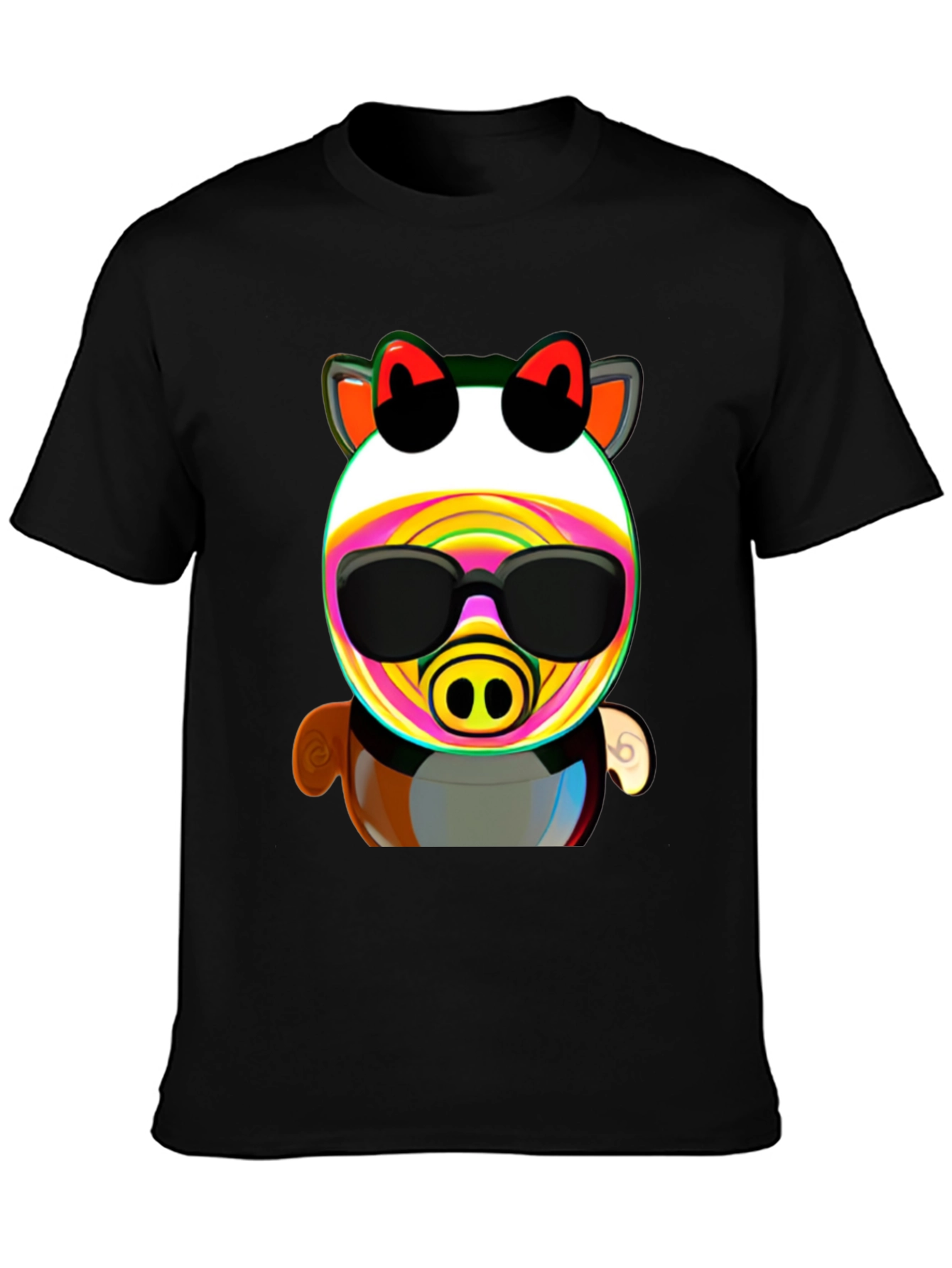 Black Cartoon Pig in Sunglasses Graphic Tee - Black view 3