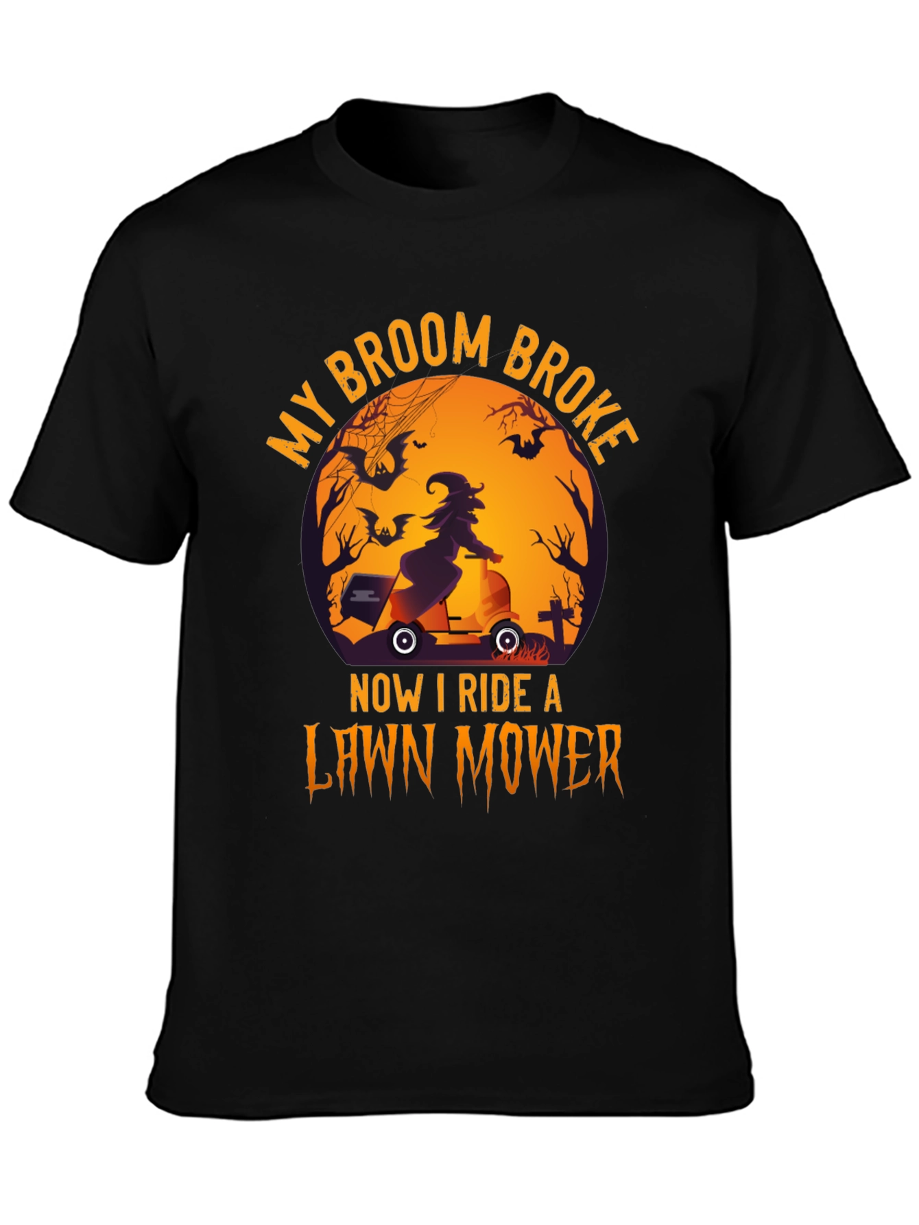 Black Halloween Witch Lawn Mower T-Shirt view 3