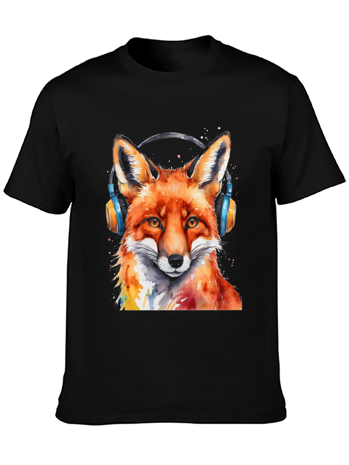 Black Cool Fox Headphones T-Shirt view 3