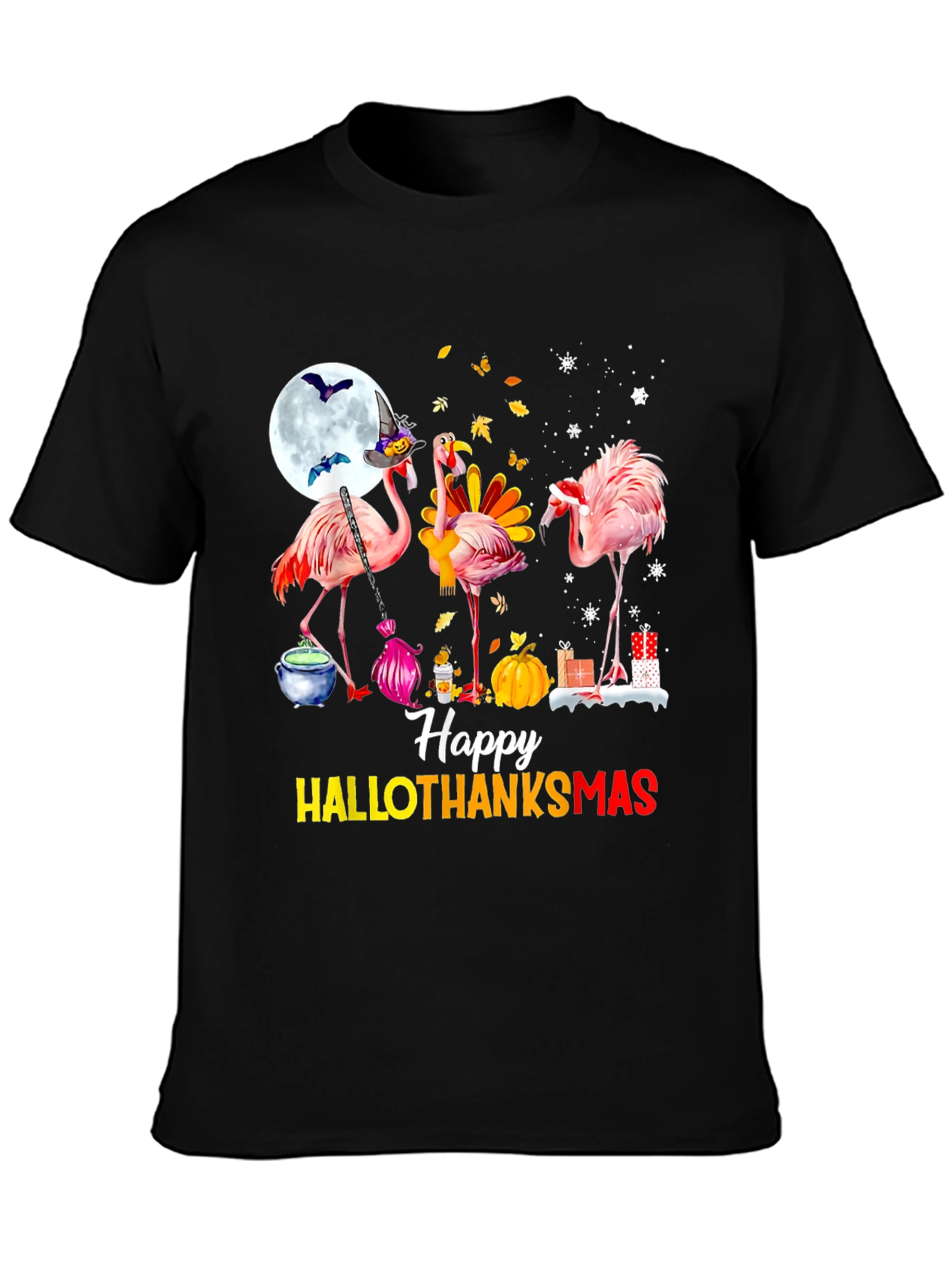 Black Happy HALLOTHANKS Christmas Flamingo T-Shirt view 3