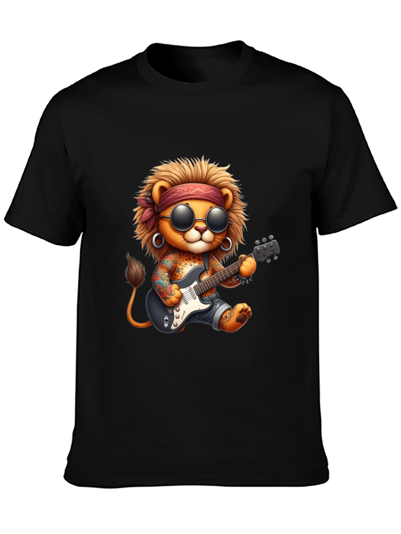 Black Cool Lion Guitarist Graphic Tee view 3