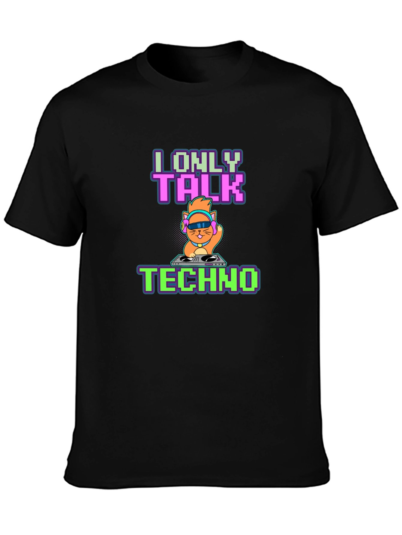 Black I Only Talk Techno DJ Cat Graphic Tee - Black view 3