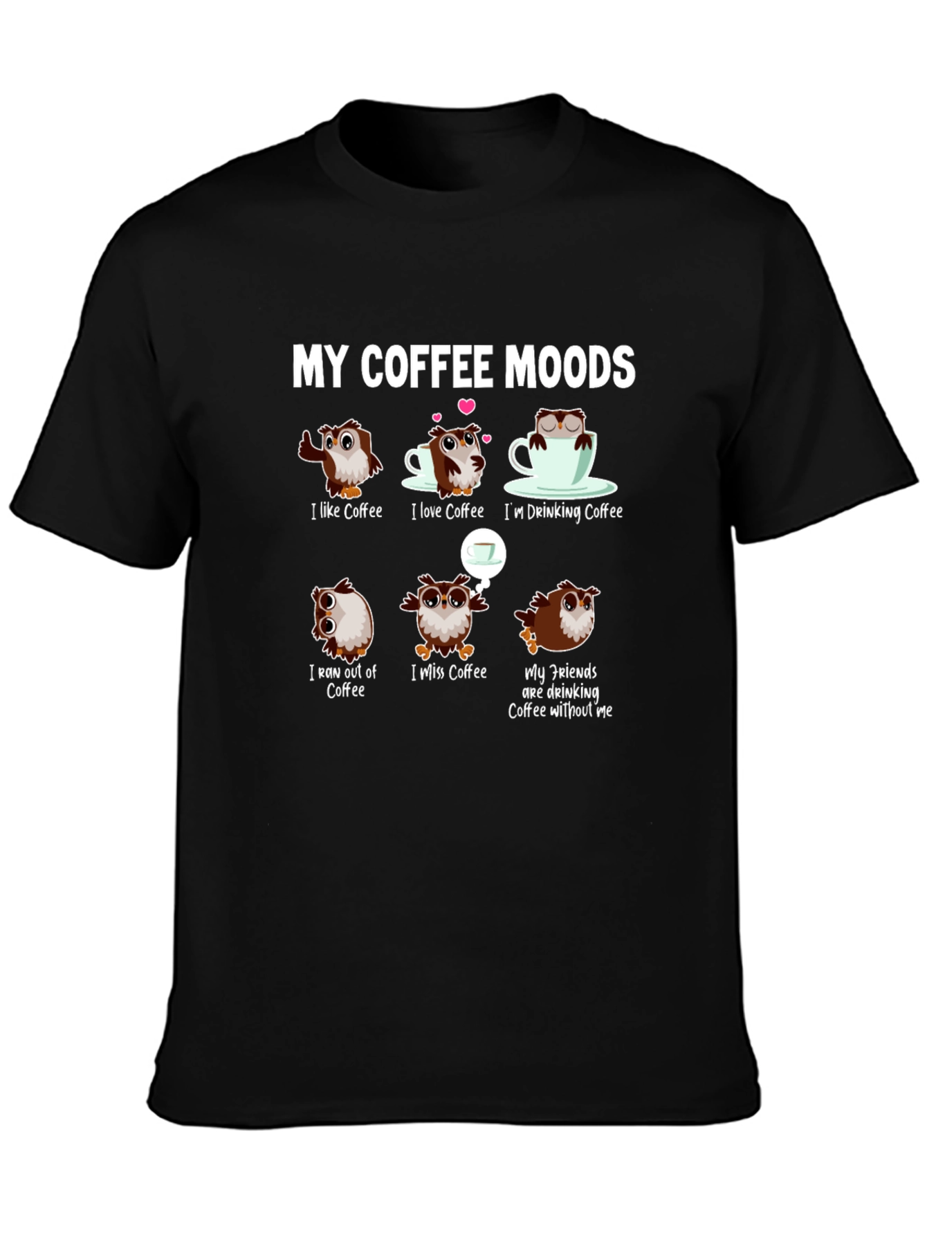Black Coffee Moods Owl Graphic Tee - Funny Coffee Lover Shirt view 3