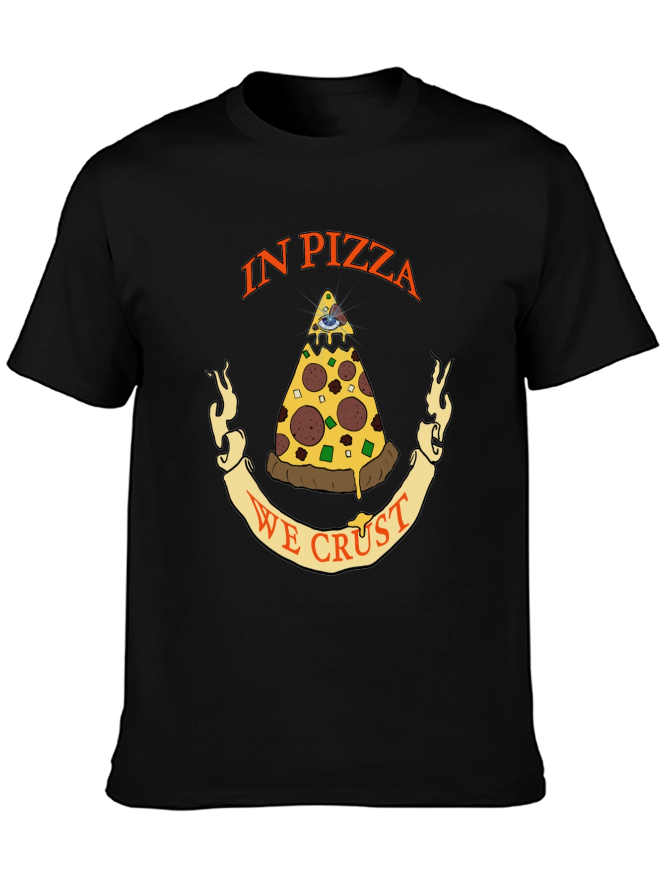 Black Pizza Graphic Tee - "In Pizza We Crust" Black Cotton T-Shirt view 3