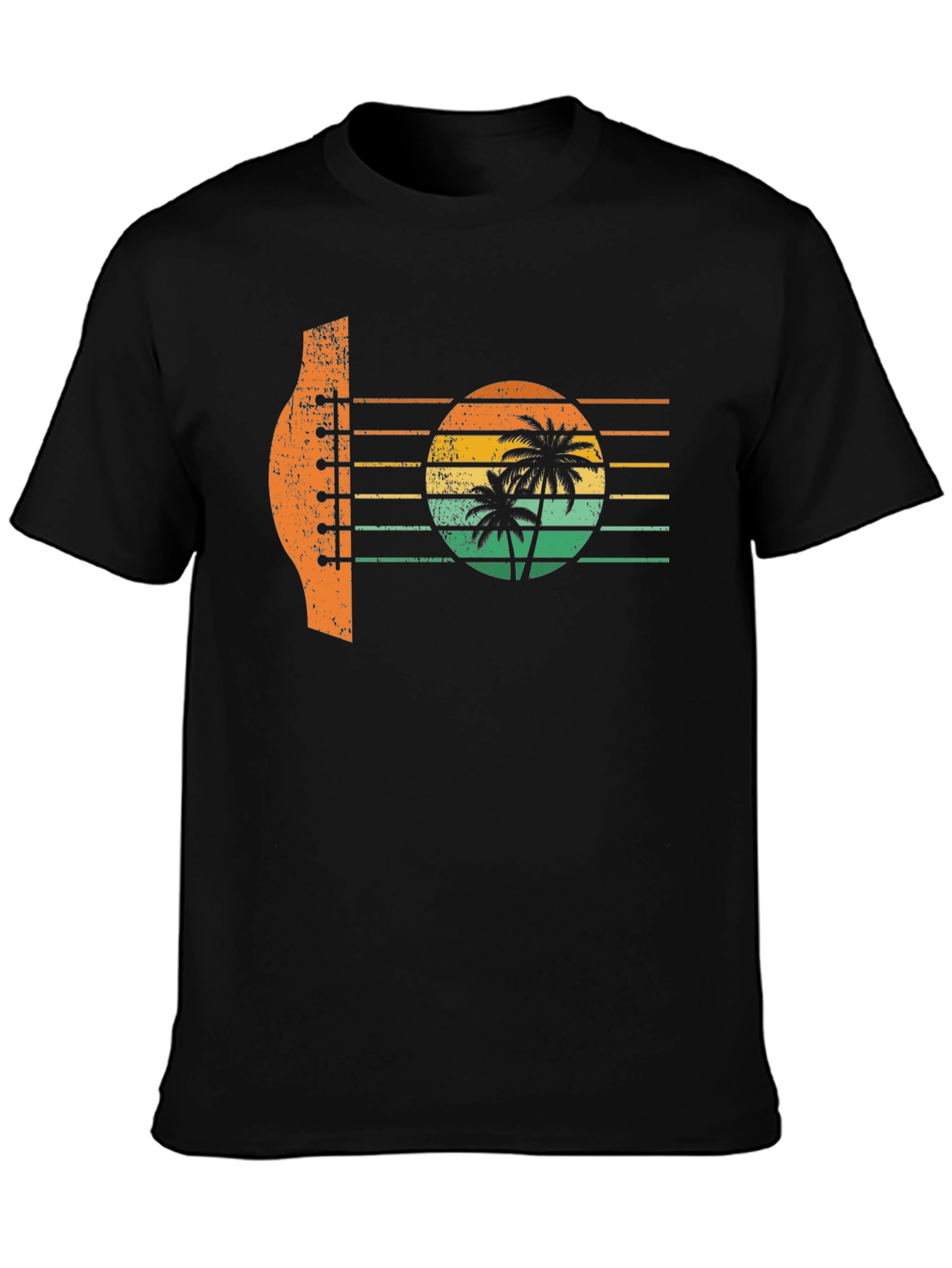 Black Retro Sunset Guitar Palm Tree Graphic T-Shirt view 3