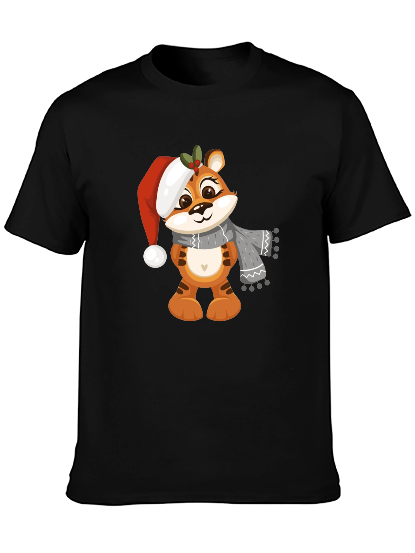 Black Cute Cartoon Tiger Christmas T-Shirt view 3