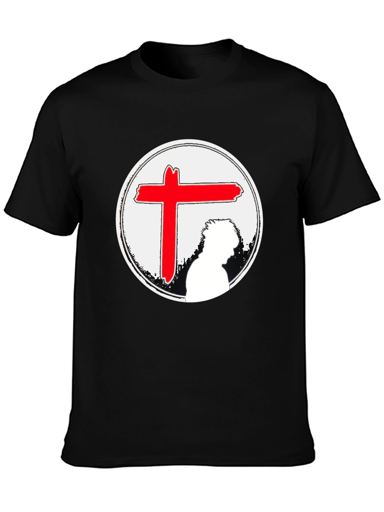 Black Graphic Tee with Red Cross & Figure view 3