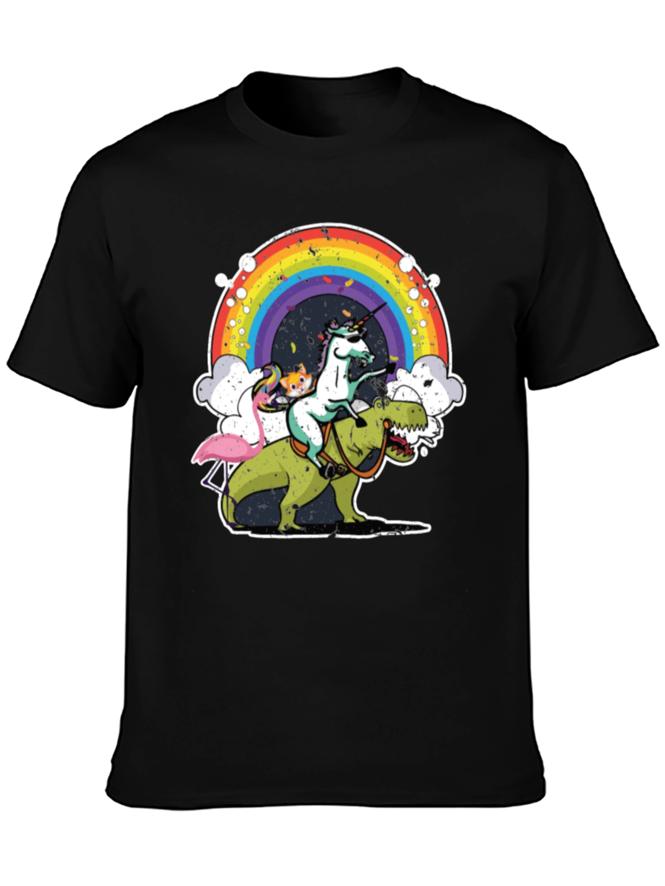 Black Unicorn Riding Dino T-Shirt Rainbow Funny Novelty Tee view 3